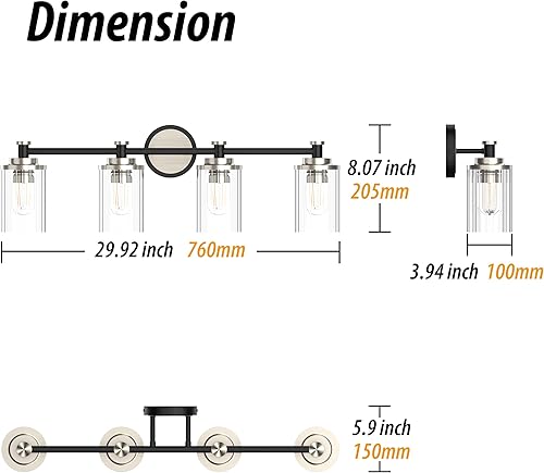 Miniatura 2 de Accesorios de iluminación de baño, lámpara de tocador de baño negra y níquel cepillado con rayas cilíndricas transparentes, pantalla de vidrio con