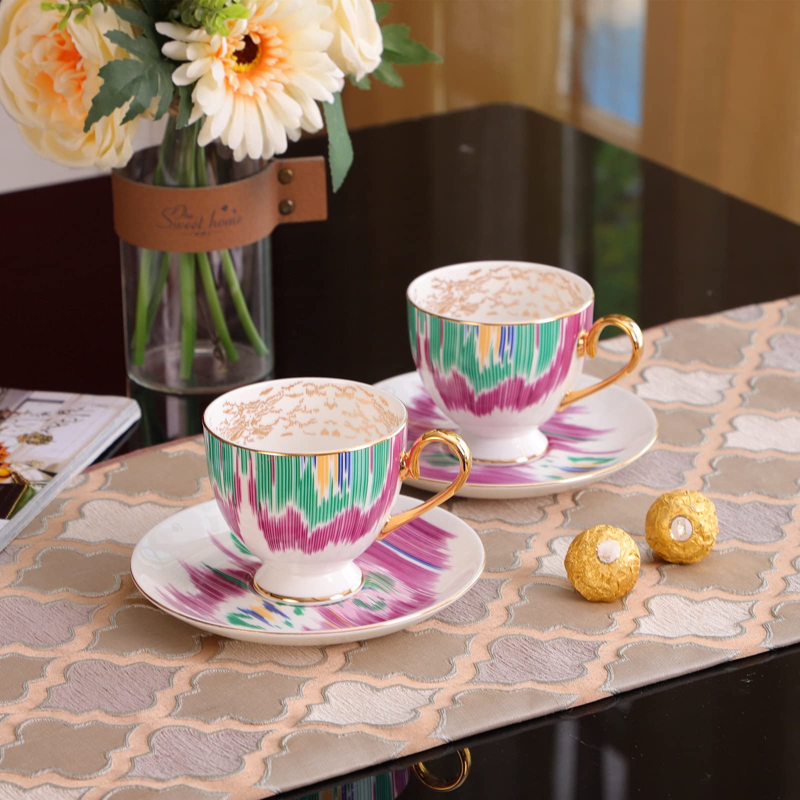 Porcelanowy zestaw do popołudniowej herbaty dla 4 osób, filiżanka z porcelany kostnej i spodek, serwis do kawy z dzbankiem na mleko i cukiernicą, prezent ślubny