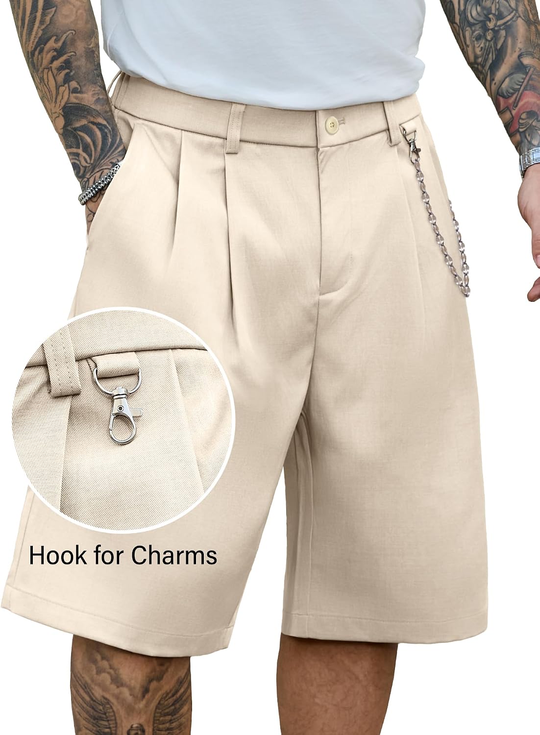 PLEPAN Men's Baggy Wide Leg Casual Shorts Pleated Dress Business Elastic Waist Summer Shorts with Pockets