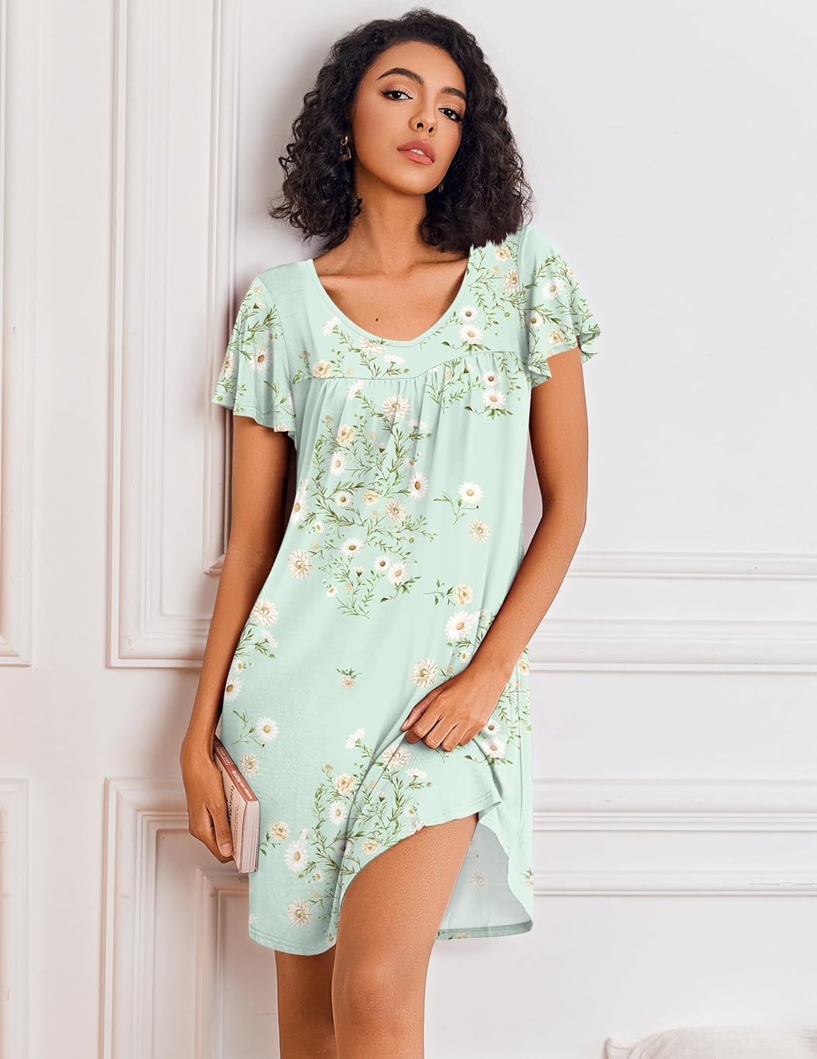 Ekouaer Nightgowns for Women Short Sleeve Sleep Shirts Pleated Night Dress V Neck Night Shirts Soft House Dress - Image 2