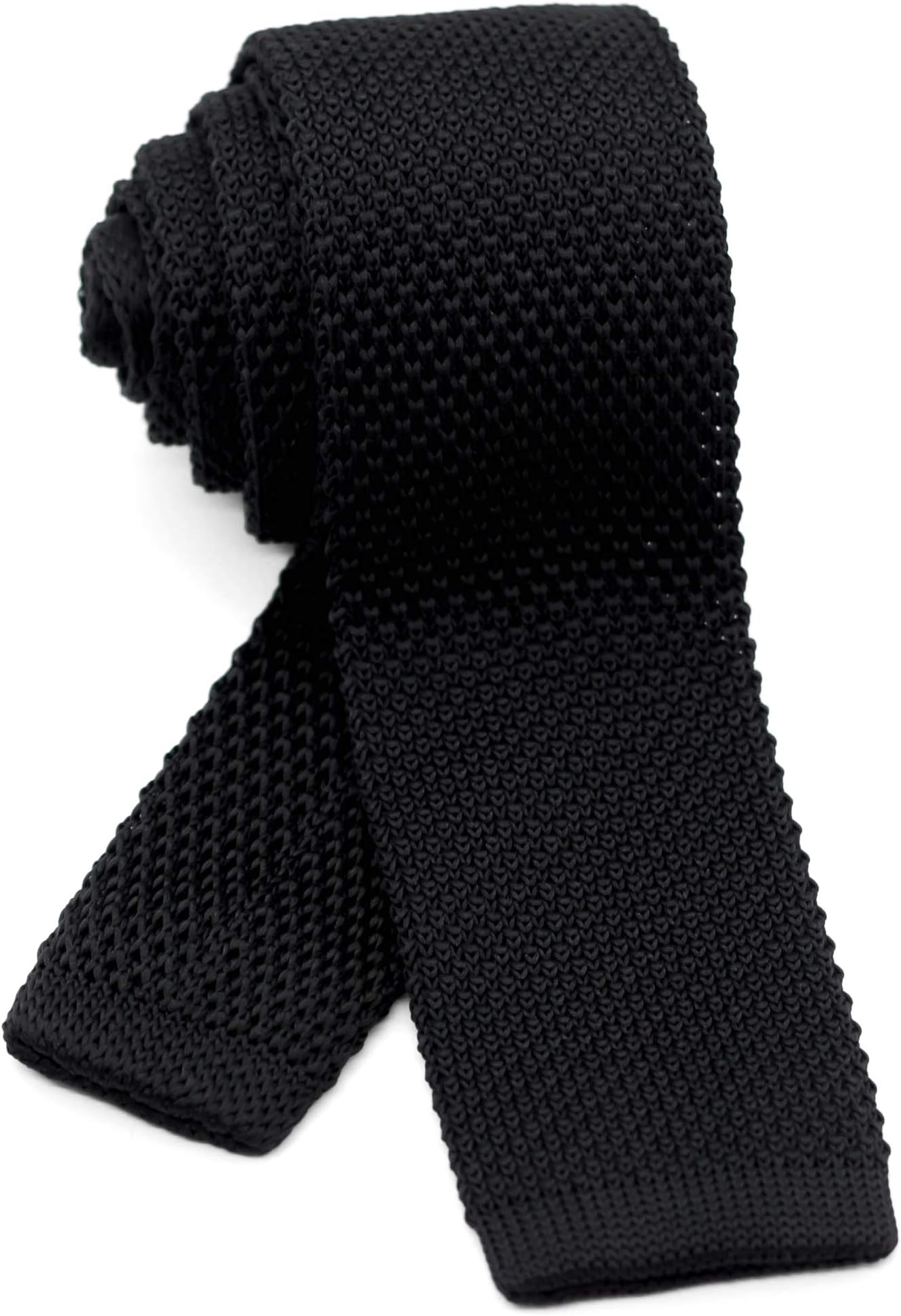 Men's Knit Tie Slim Skinny Square Necktie Width 2.2 inches Washable Solid Color Black