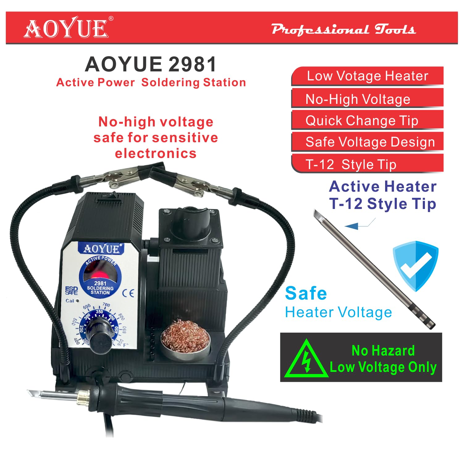 Aoyue 2981 Kit stazione di saldatura di precisione per riscaldamento rapido, compatibile con punte T-12 Style Active Power, tensione sicura 12 V, pulitore punte, porta bobina, pinzette, strumenti di
