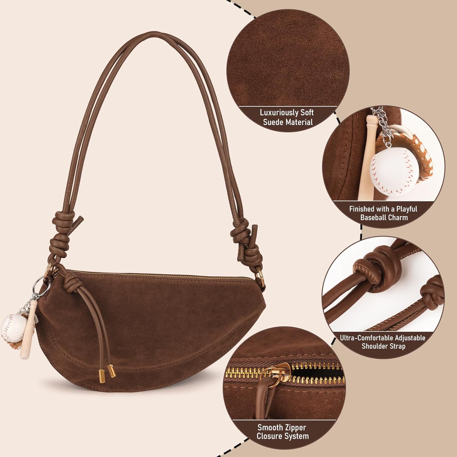 Small Suede Dumpling Crossbody Bag for Women, Hobo Shoulder Purse with Cute Baseball Charms & Adjustable Strap