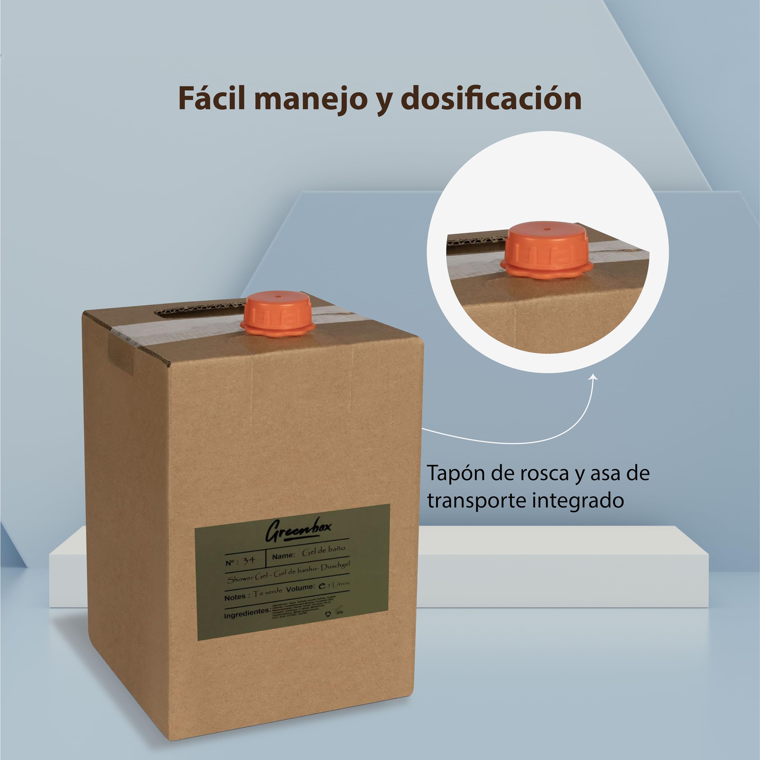 Ricarica gel doccia in "bag in box" BIO - gel doccia idratante all'aroma di tè verde, 5L. Imballaggio ecologico e maniglia per il trasporto. Risparmia denaro e aiuta l'ambiente.