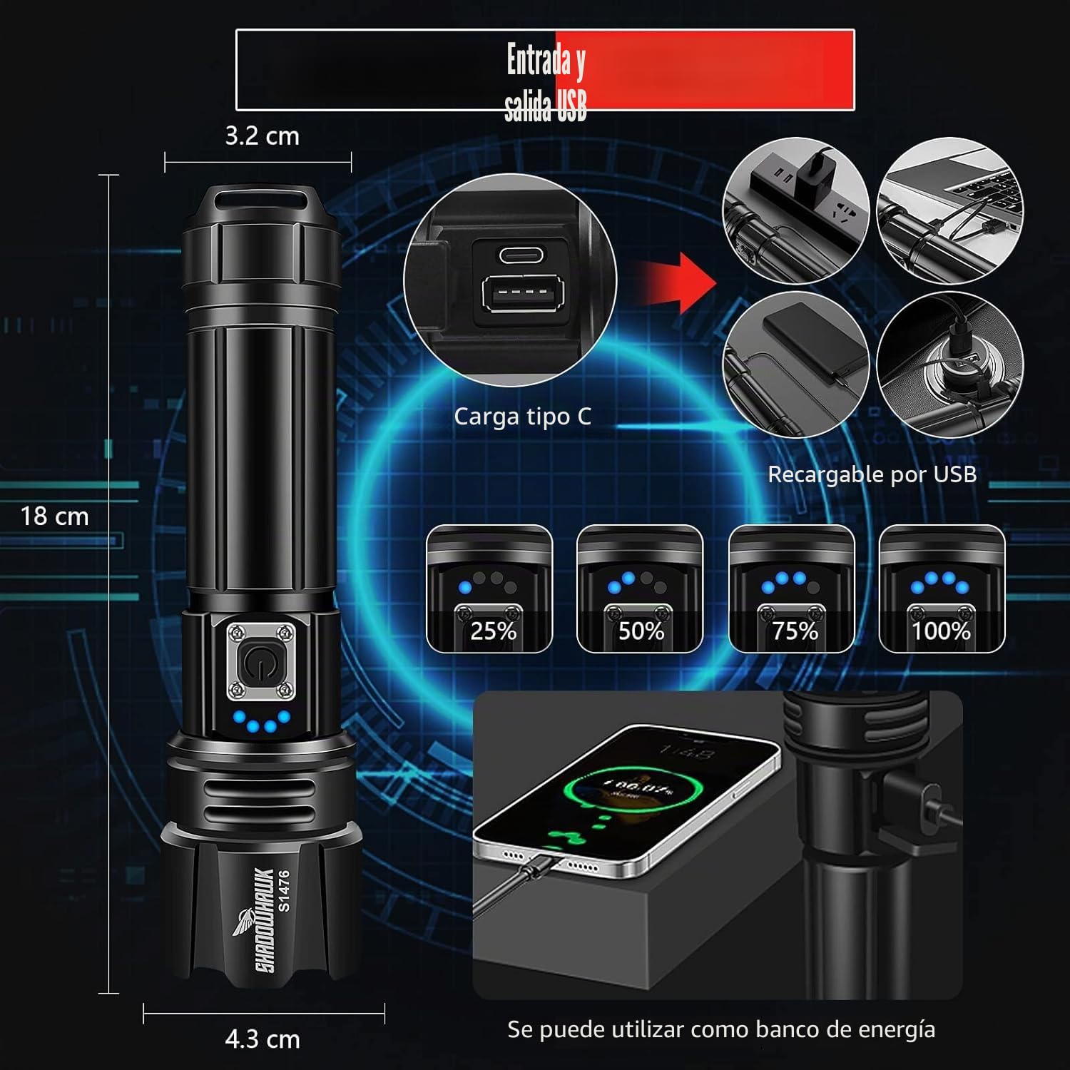 Shadowhawk Linternas LED Alta Potencia 20000 Lúmenes, Linterna LED Recargable USB Táctica Militar Potente, XHP70.2 Linterna a Pilas, IPX67 Impermeable 5 Modos Portátil Linternas