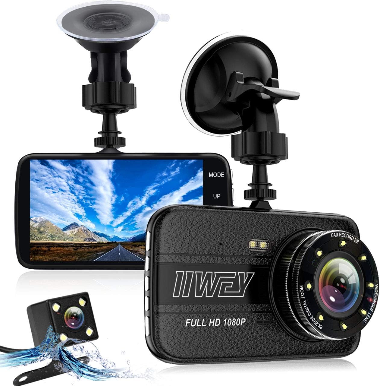 Dash Cams for Cars Front and Rear with Night Vision, 4 Inches Large IPS Screen, Car Camera with 8 Led Lights, 1080P Full HD Dual Lens Dash Cam, 170 Wide Angle, Loop Recording, G-Sensor