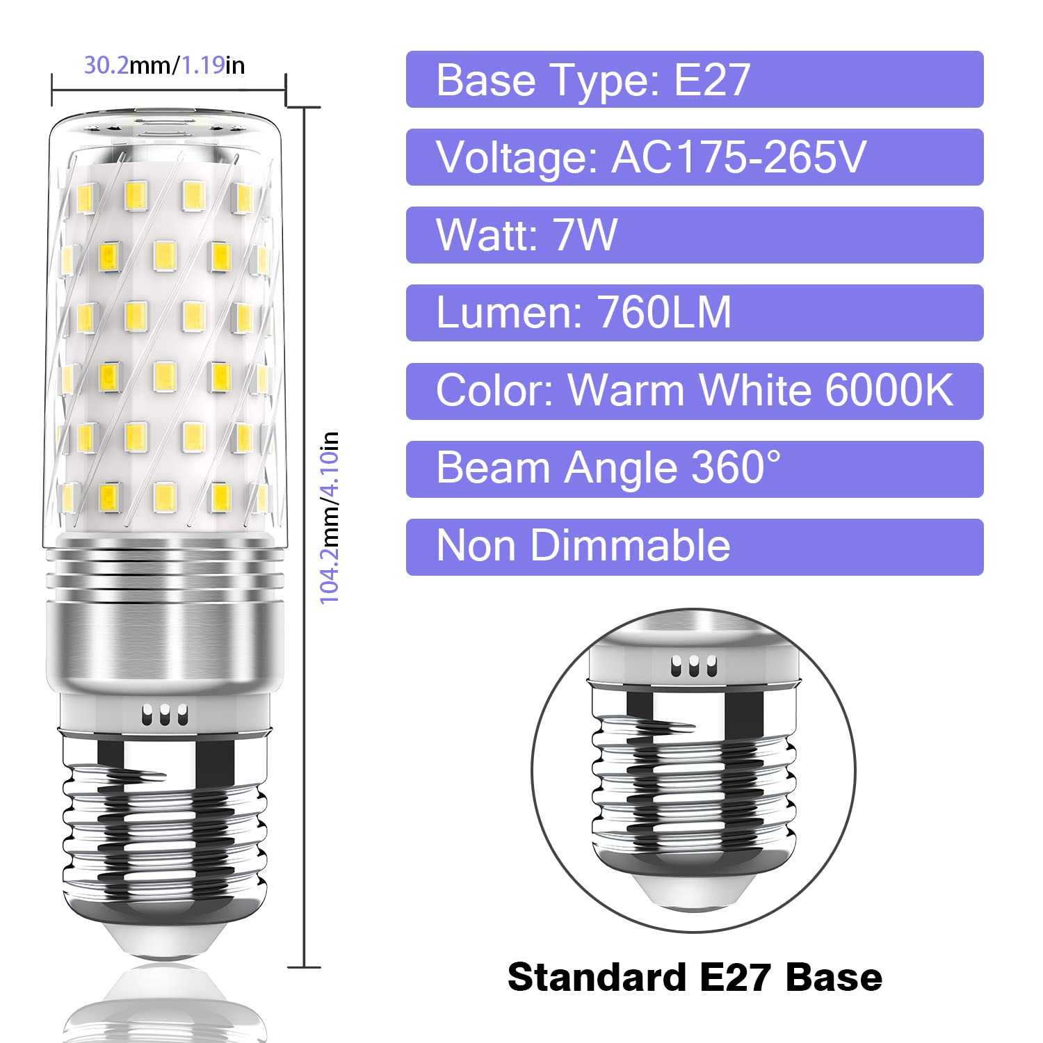 RuLEDne E27 LED Bulbs Cool White 6000K 7W Corn Bulb Lamps - Image 4