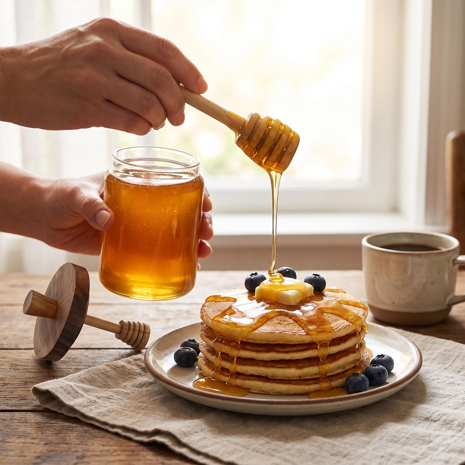 Honey Pot 18oz Glass with Dipper and Lid, Honey Jar with Wooden Honey Dippers, Maple Syrup Dispenser, Wide Mouth Honey Containers - Perfect Bee Decoration for Home Kitchen