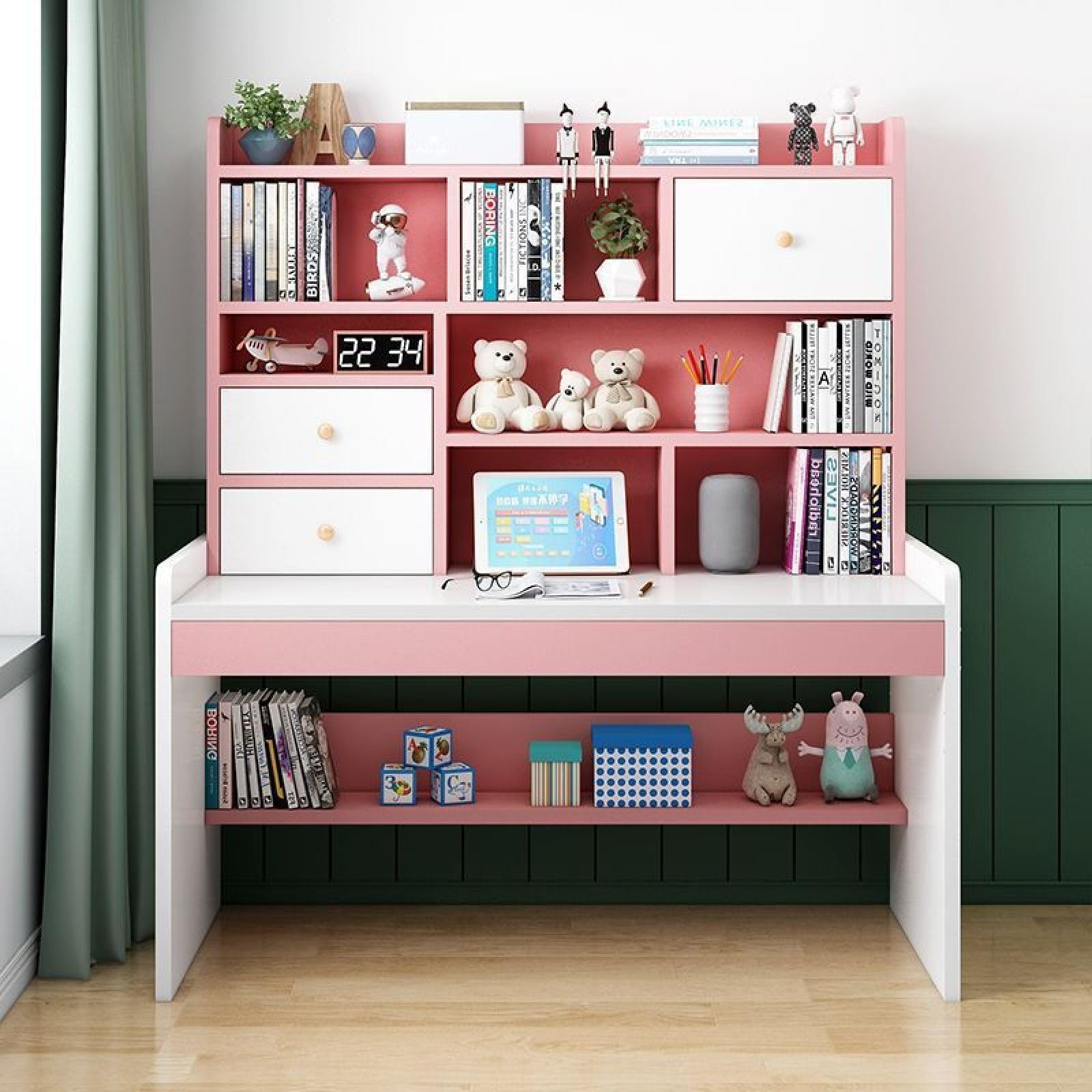 Scrivania per computer con 2 cassetti portaoggetti e libreria, scrivania da studio ad altezza regolabile Scrivania compatta per adolescenti e postazioni di lavoro per ragazze e ragazzi (120 cm, ros