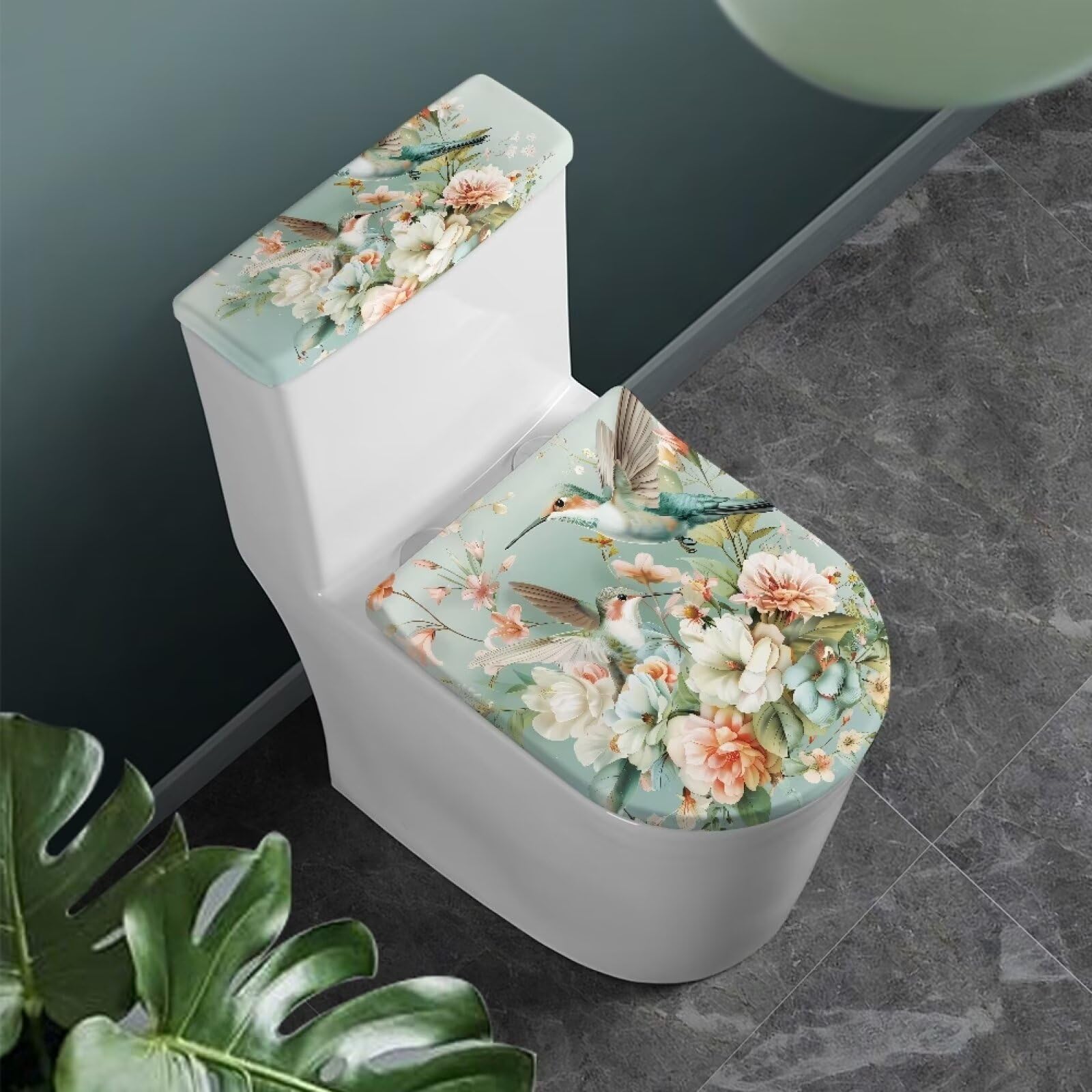 Oamsistay Toilet Cover for Bathroom Hummingbird Floral Toilet Cover Sets Lightweight Toilets Dust Covers Easy to Install Toilet Seat Cover Keep Dust Stain Scratch-Proof Bathroom Accessories