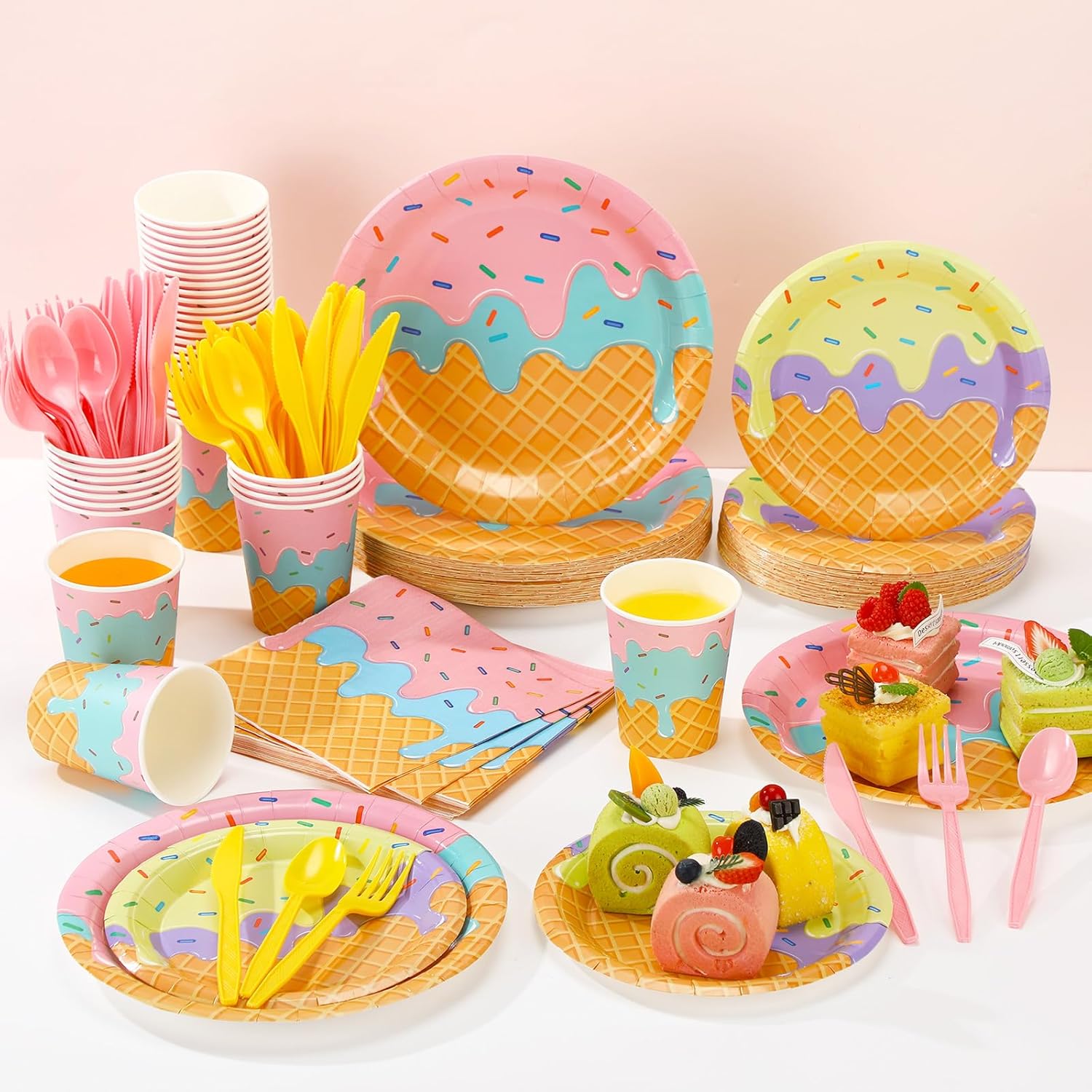 280 Pcs Ice Cream Party Decorations Paper Plates Napkins Cups Forks Set Disposable Tableware Supplies for Birthday Baby Shower Appetizer Lunch Dinner Dessert, Serve 40(Ice Cream Party)