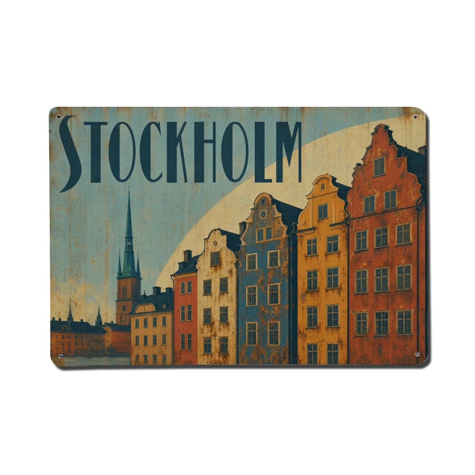Huiyhb 8X12inch(20X30cm) Vintage Travel Stockholm Colorful Buildings Sweden Metal Tin Sign