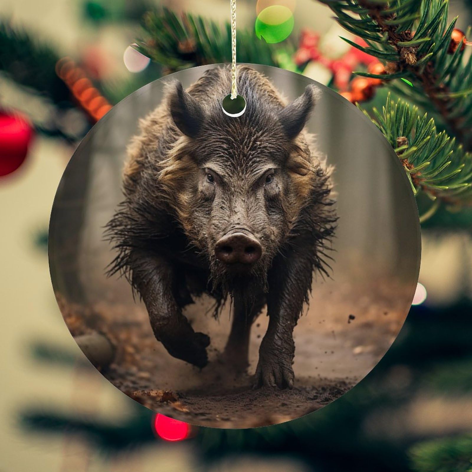 Wild Boar Photos Christmas Ornament for Christmas Tree Ceramic Round Ornament Winter Holiday Keepsake Gift 2.7" Christmas Tree Hanging Decorations Circle Ceramic Pendant Xmas Gift