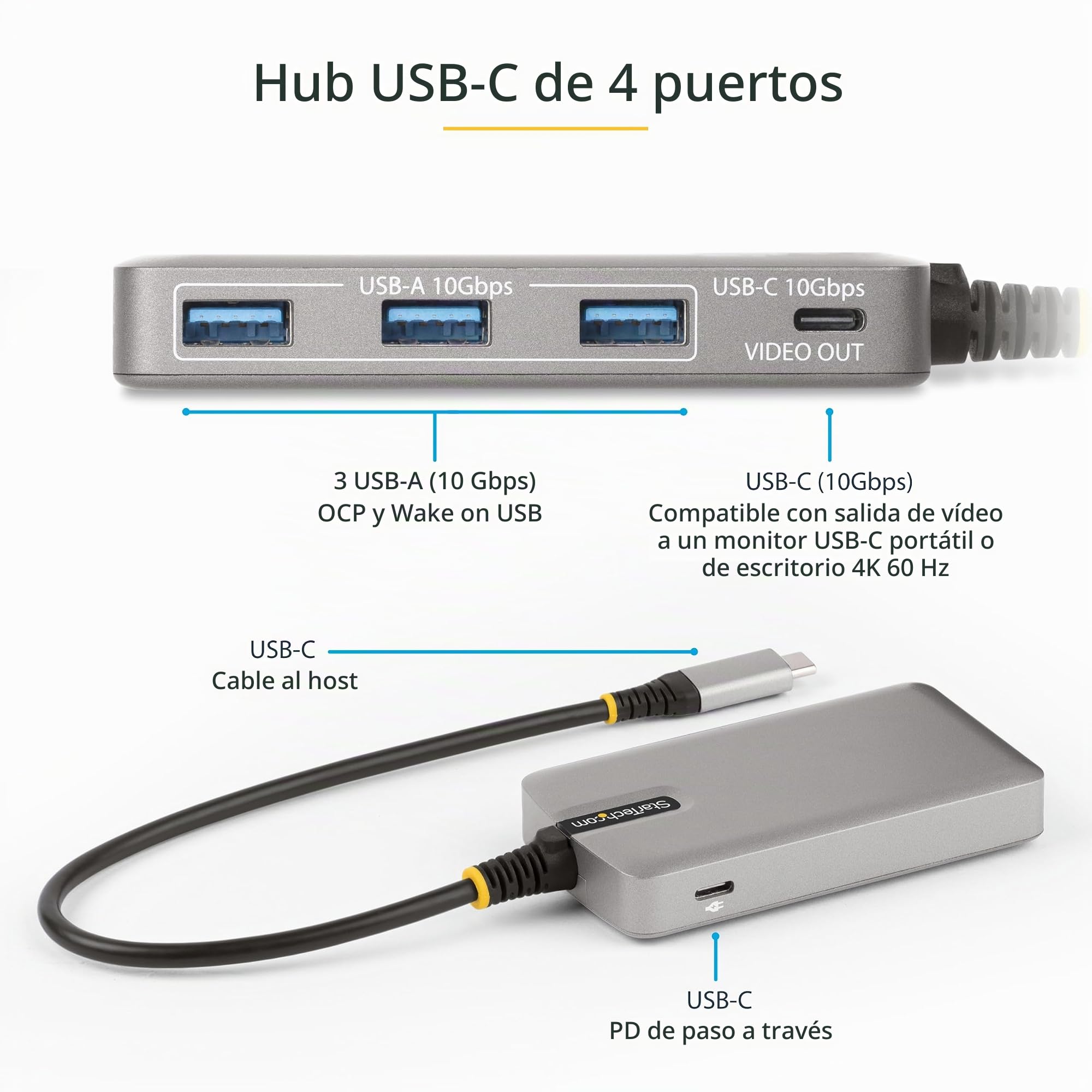StarTech Hub USB-C de 4 Puertos, 10Gbps, Modo Alt DP 4K 60Hz, PD 100W | Configuración sin Controladores, Protección contra Sobrecorriente y Wake on USB, Cable con TPE