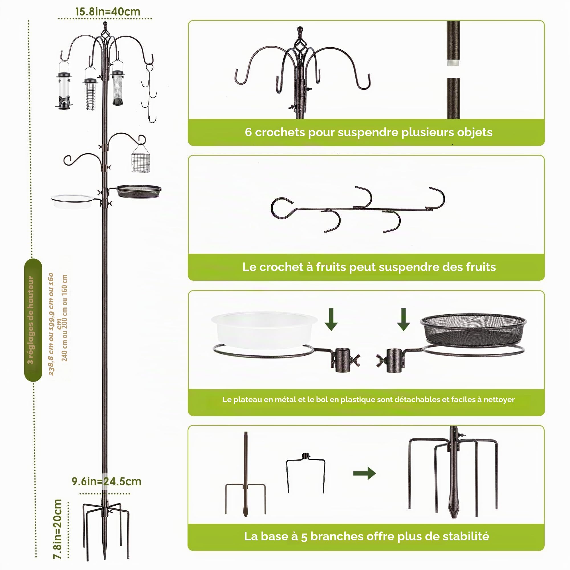 MIXXIDEA Kit de mangeoire à oiseaux – Mât de mangeoire à oiseaux de 238 cm avec base à 5 griffes, support multifonction pour l'extérieur, avec 7 crochets, 5 mangeoires, 1 plateau de bain, facile à