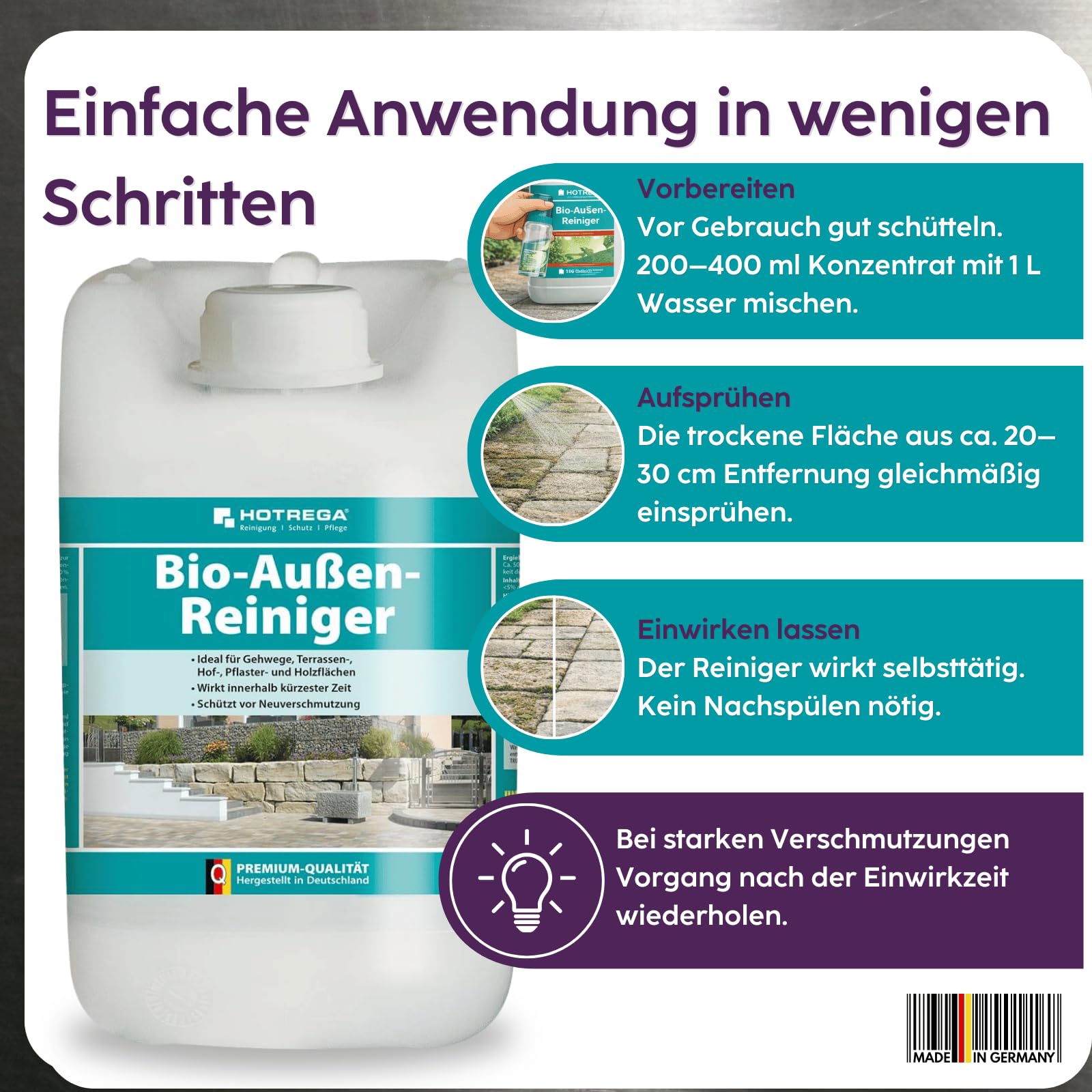 HOTREGA Bio-Außenreiniger 5 L | Konzentrat für Stein, Holz & WPC | Selbsttätige Tiefenreinigung von Terrasse, Mauer & Grabstein | Ohne Schrubben | Schützt vor Neuverschmutzung | Bis 500 m²