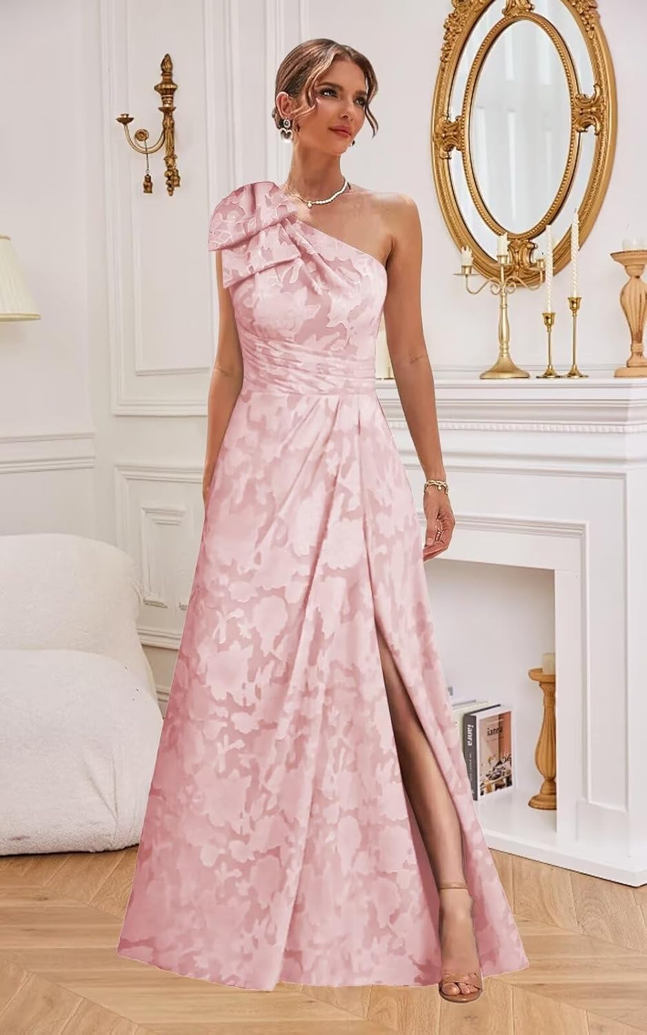 One Shoulder Floral Jacquard Mother of The Bride Dresses with Bow Pleated Chiffon Formal Evening Gowns with Slit - Image 5