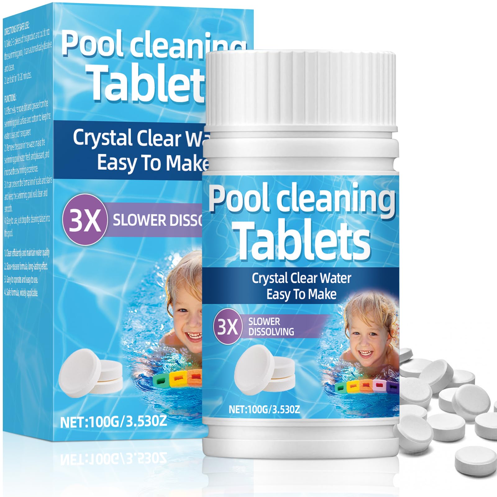 Hot Tub Chlorine Tablets 100pcs, Long-Lasting Cleaning Tablets for Swimming Pools, Strong Ice Bath Cleaning Tablet, Purifies Crystal Clean and Clear Water
