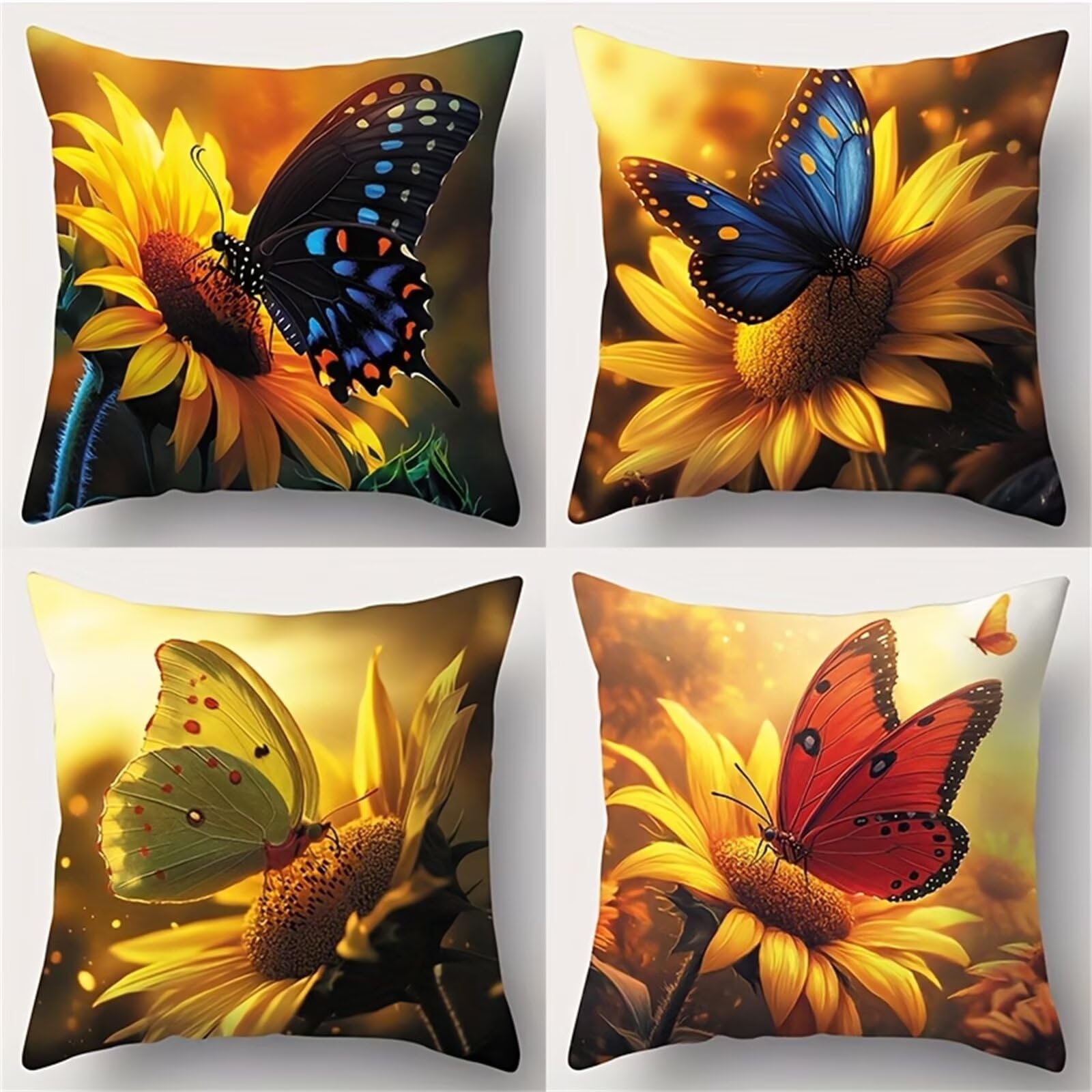 QiHon Cushion Covers 65x65 cm Set of 4 Sunflowers Butterfly Linen Square Pillow Cases 26x26 inch Modern Decorative Throw Pillow Covers for Sofa Couch Bedroom Home Office with Invisible Zipper