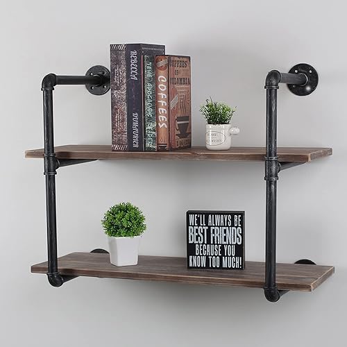 Miniatura 3 de MBQQ, Estantes de tubería industrial con madera, estante de montaje en pared rústico, estantería de metal colgada, estantería flotante de