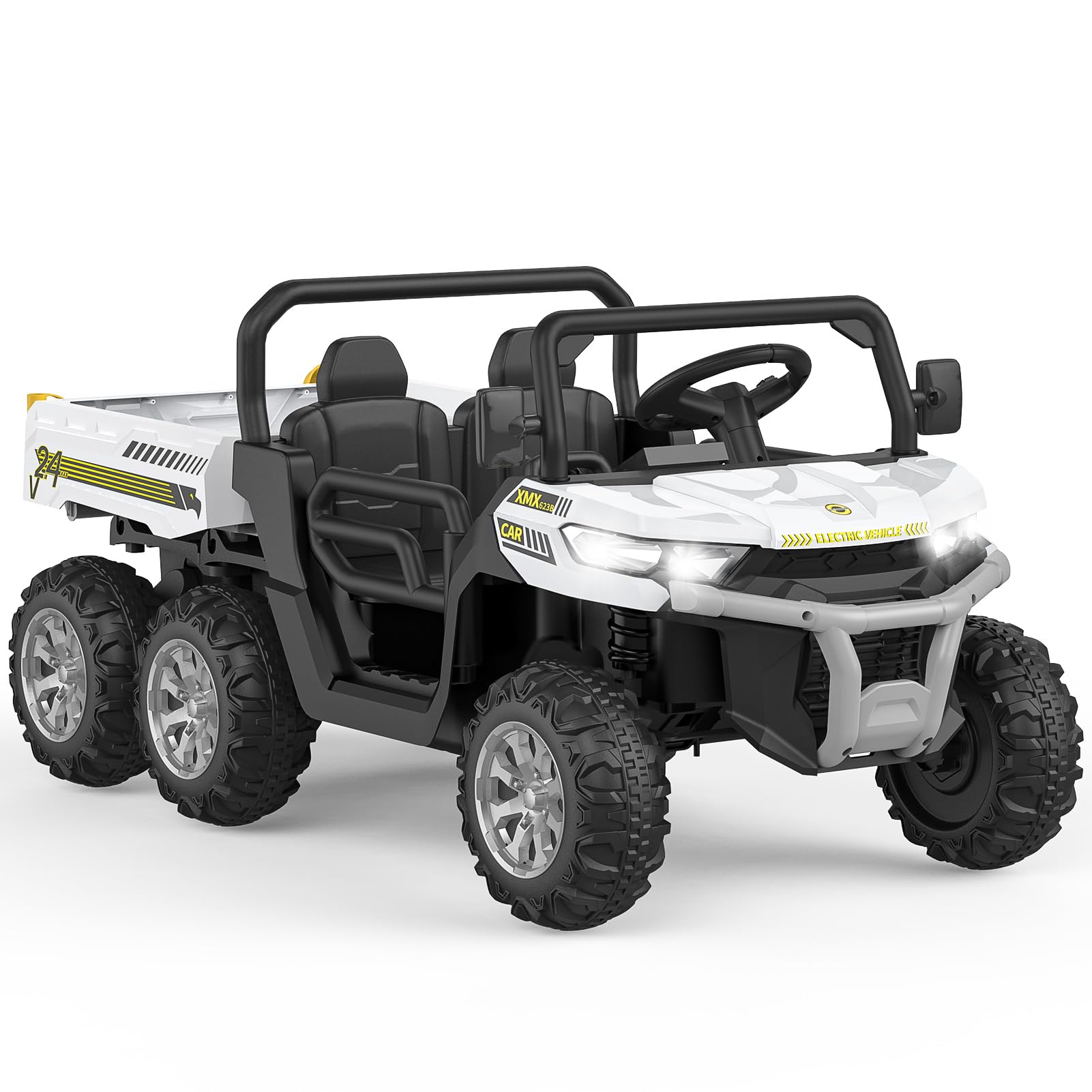 24V 2 Seater Ride On Dump Truck with Remote Control, Electric UTV Car with Electric Dump Bed, 4WD Power Ride Cars W/6 Wheels Ride On Toys for Boys Girls (White)