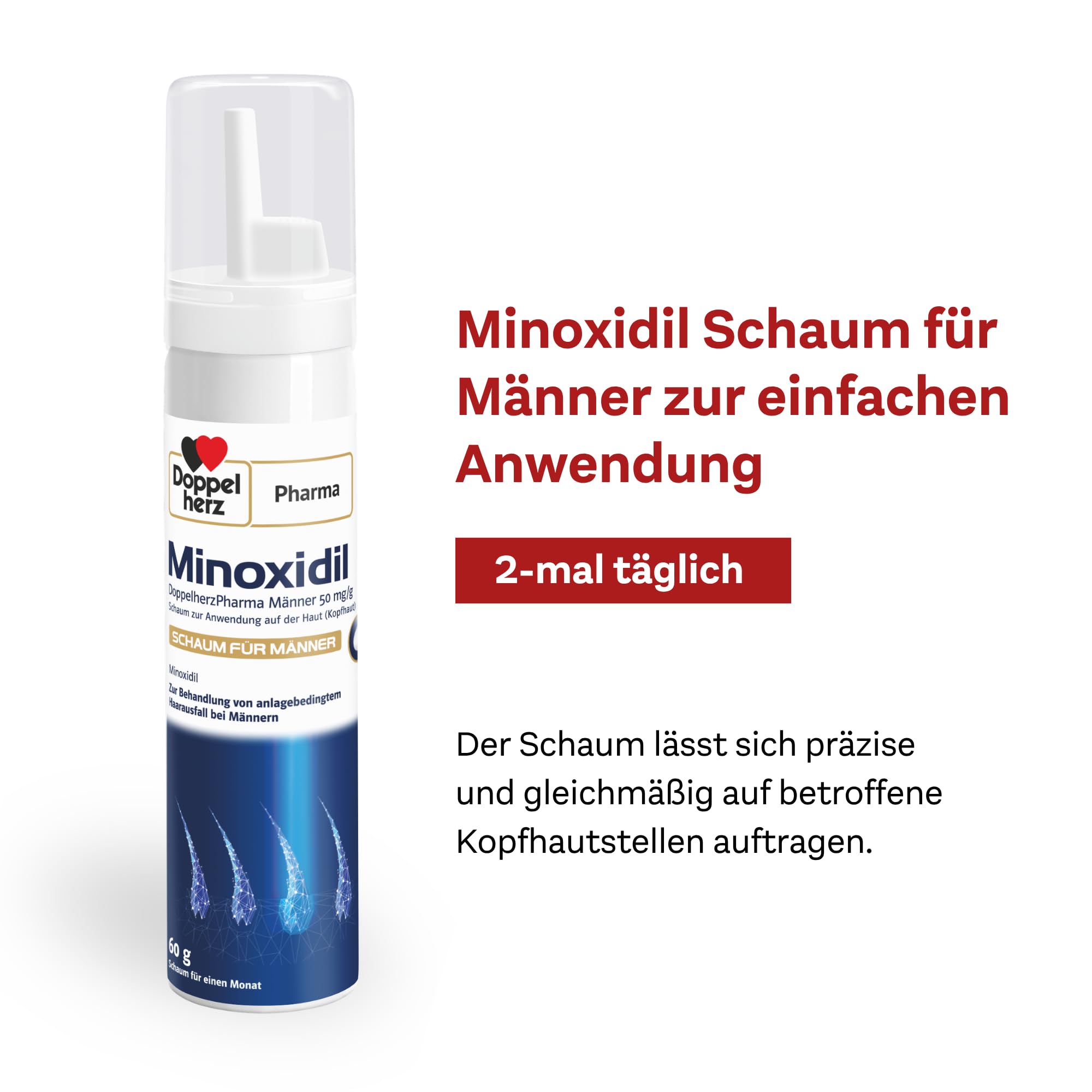Minoxidil DoppelherzPharma Männer 50 mg/g Schaum zur Anwendung auf der Haut (Kopfhaut) – Arzneimittel zur Behandlung von erblich bedingtem Haarausfall bei Männern ab 18 Jahren (3 x 60g)