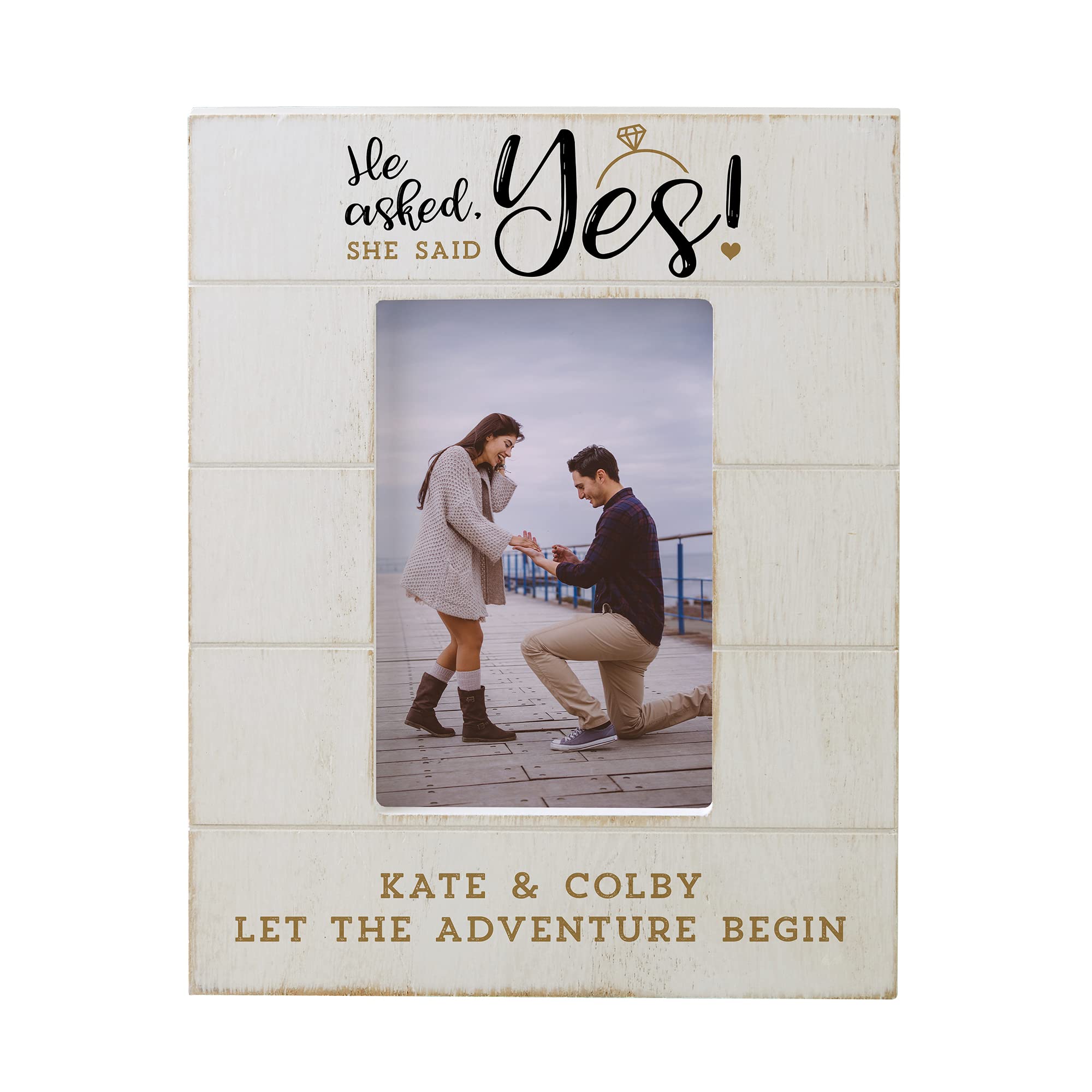 Personalization Universe Personalized “He Asked, She Said Yes” Shiplap 4x6 Vertical Picture Frame - Engagement, Wedding, Love, Couples Photo Frame, Customizable Home Decor