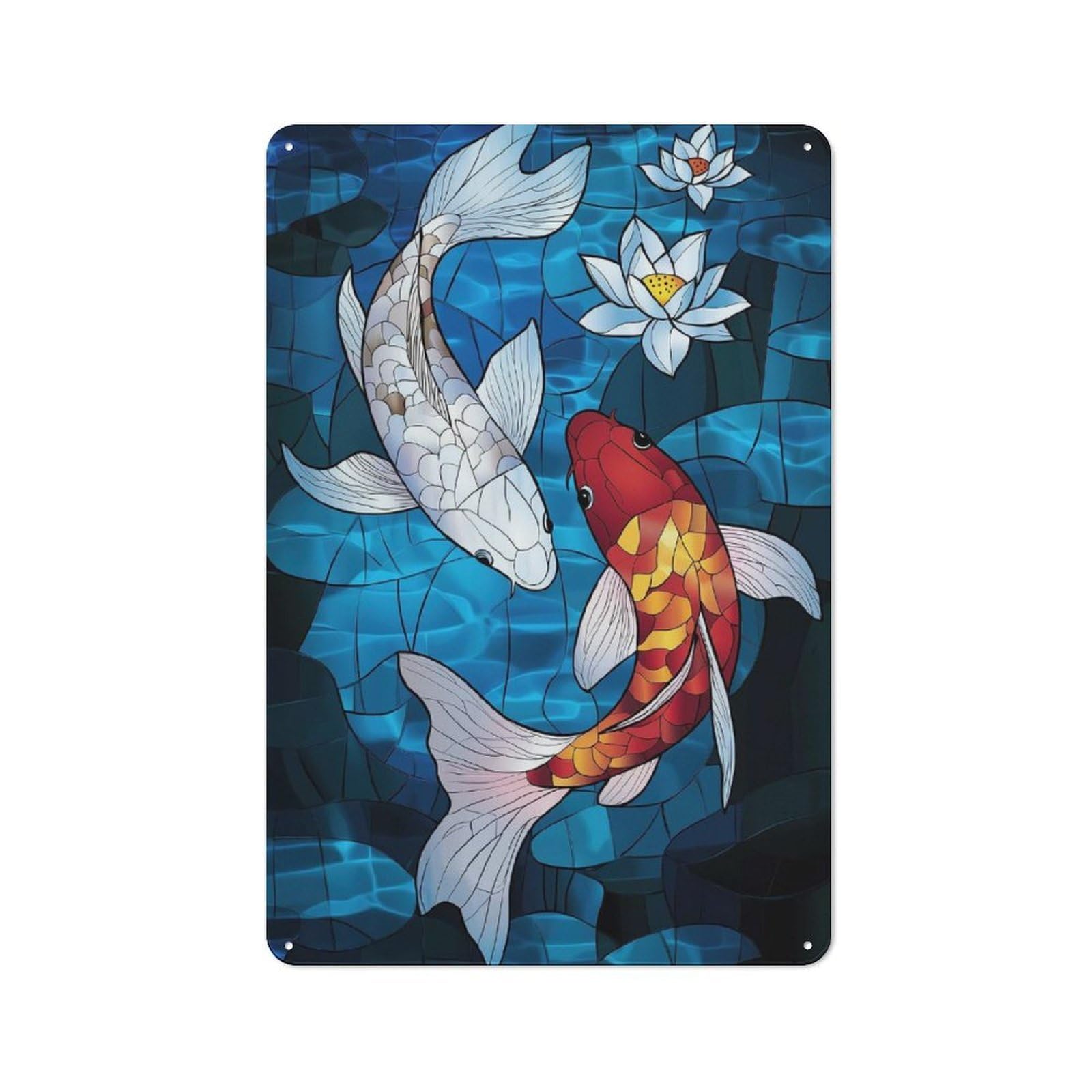 Junmoney Style-21 Koi Fish Stained Glass Everyday Metal Wall Decor 30X20cm, Decorative Tin Plaque For Flat, Dorm Room, Lounge Or Cafe