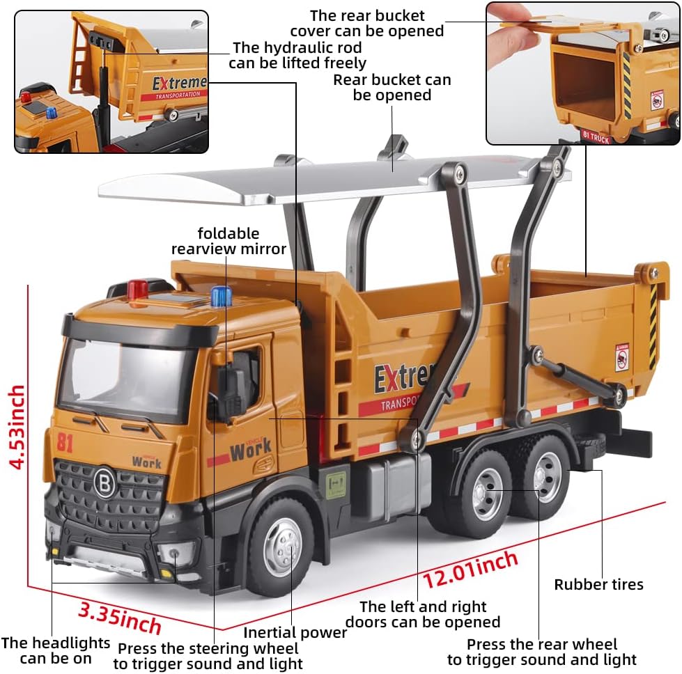 OANMYJJO Children Dump Truck Toy Metal DieCast Construction Trucks,Construction Toys with Simulated Sounds and Lights,Dump Truck Toy with Openable Rear Hood,Dump Trucks for Boys Age 4-7