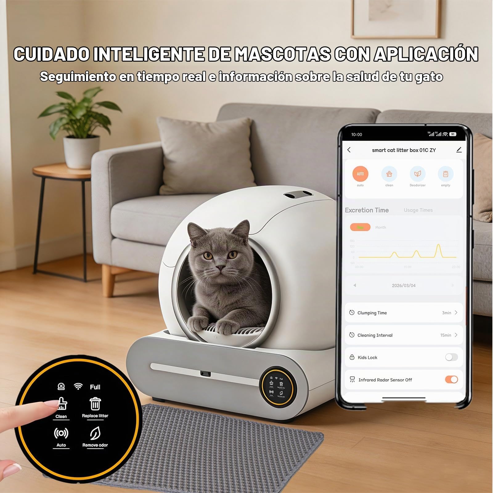 Arenero Autolimpiable para Gatos 65 L + 9 L con Control Aplicación | Sistema de Eliminación de Olores, 6 Rollos de Bolsas Basura, 2 Filtros, 1 Alfombrilla