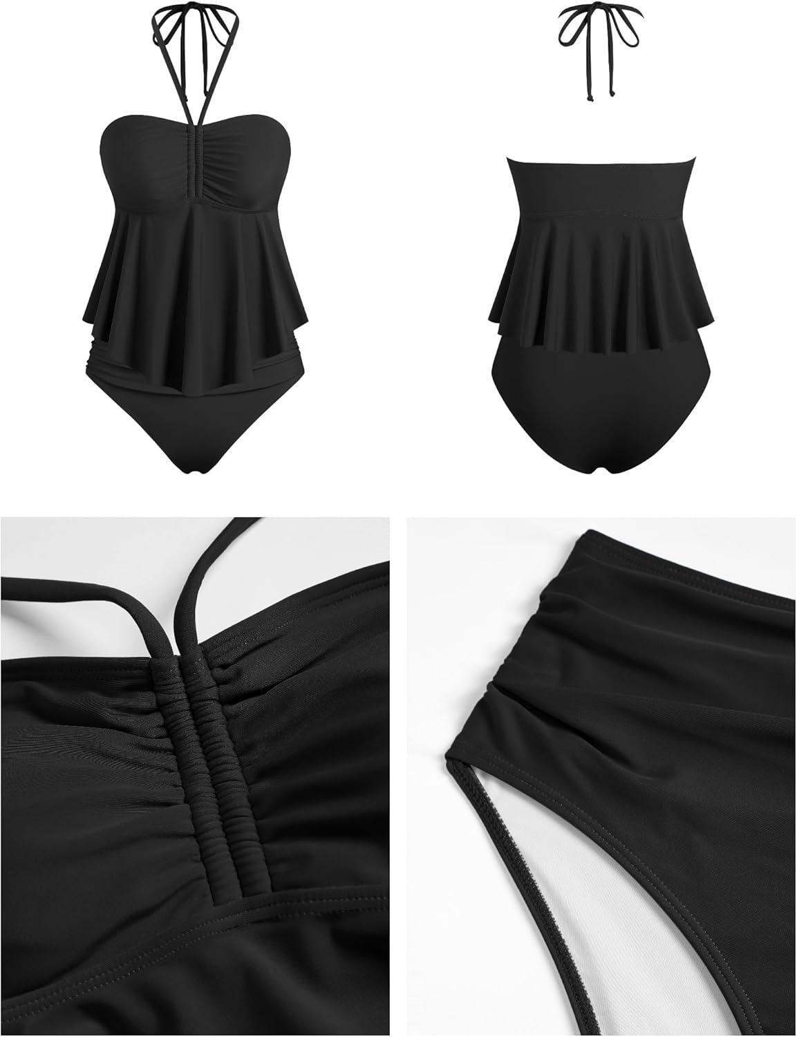 ZAFUL Womens 2025 Two Piece Bathing Suits Halter Bandeau Self-Tied Tankini Set Swim Top with Bottom Tummy Control Swimsuit - Image 5