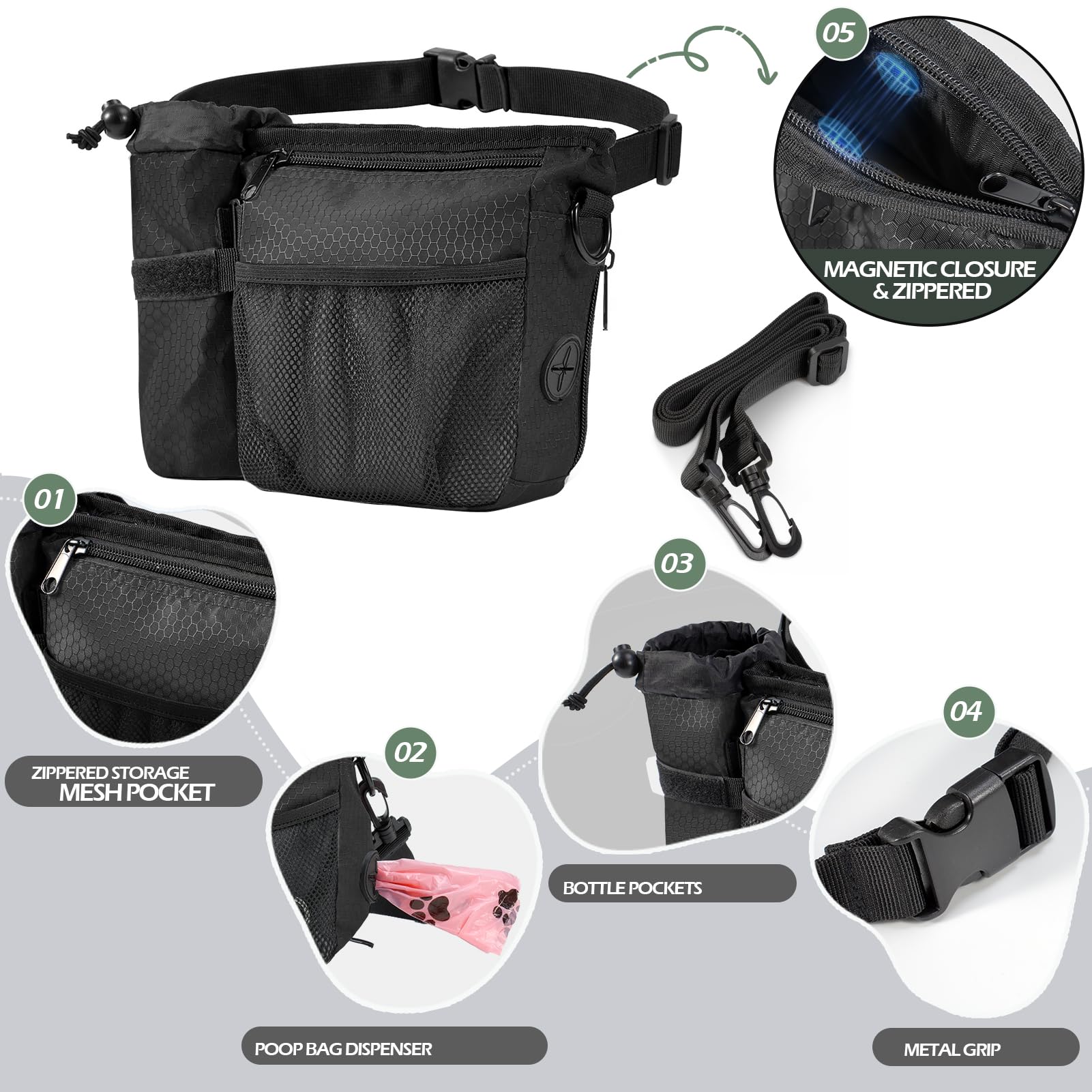 Dog Treat Training Pouch with Magnetic Zipper Closure - Built-in Poop Bag Dispenser, Side Pocket for Dog Water Bottle, 3 Ways to Wear,Carry Kibble & Pet Toys (Black) - image 2