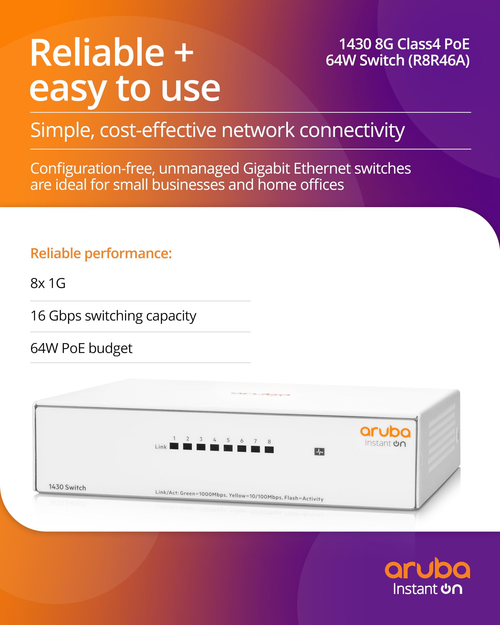 Hpe Aruba Networking Aruba Instant On 1430 8g Class4 Poe 64w Non Gestito L2 Gigabit Ethernet [10/100/1000] Supporto Power Over Ethernet [poe] Bianco