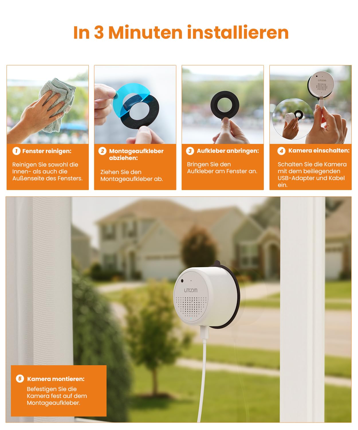 3MP 2K Fensterkamera Innen - 2,4 GHz & 5 GHz WLAN Überwachungskamera mit KI-Farbnachtsicht, Cloud/SD Speicher & 24/7 Aufnahme, Personen-/Bewegungs-/Geräuscherkennung & Echtzeit-Benachrichtigungen