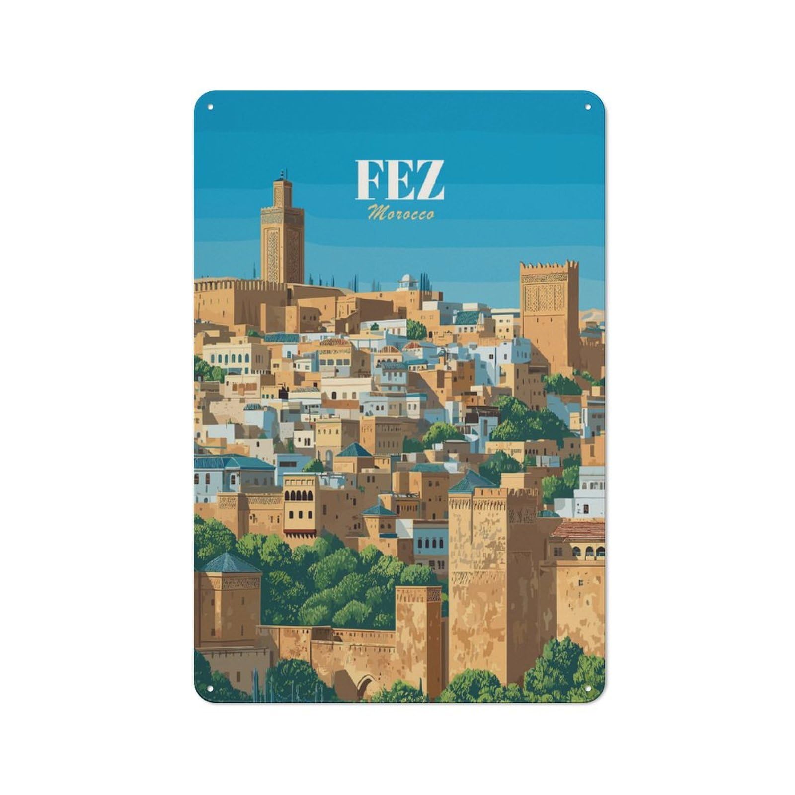 Junmoney Style-14 Fez, Morocco Cityscape Illustration(2) Vintage Metal Sign 30X20cm For Kitchen Or Home Bar, For Kitchen, Dining Room And Home Bar Wall Decor