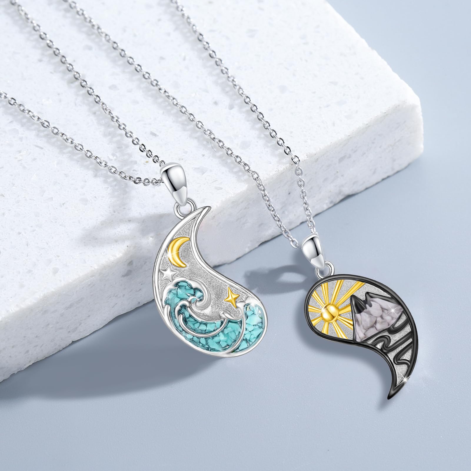 REDSUN Yin Yang Halskette 925 Sterling Silber Berg Sonne Anhänger Halskette für Paar BFF Kette 2ps Freundschaftskette Schmuck Geschenke für Damen Herren Couple Tochter （Türkis2）
