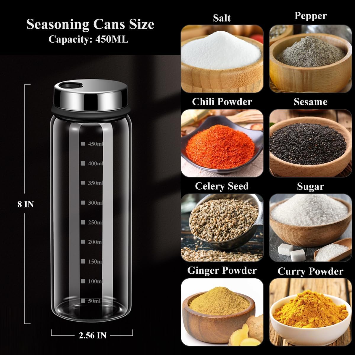Verdental Juego de salero y pimentero de vidrio de 450 ml con tapa de acero inoxidable 304 orificios de vertido ajustables, dispensador de especias (2 piezas)