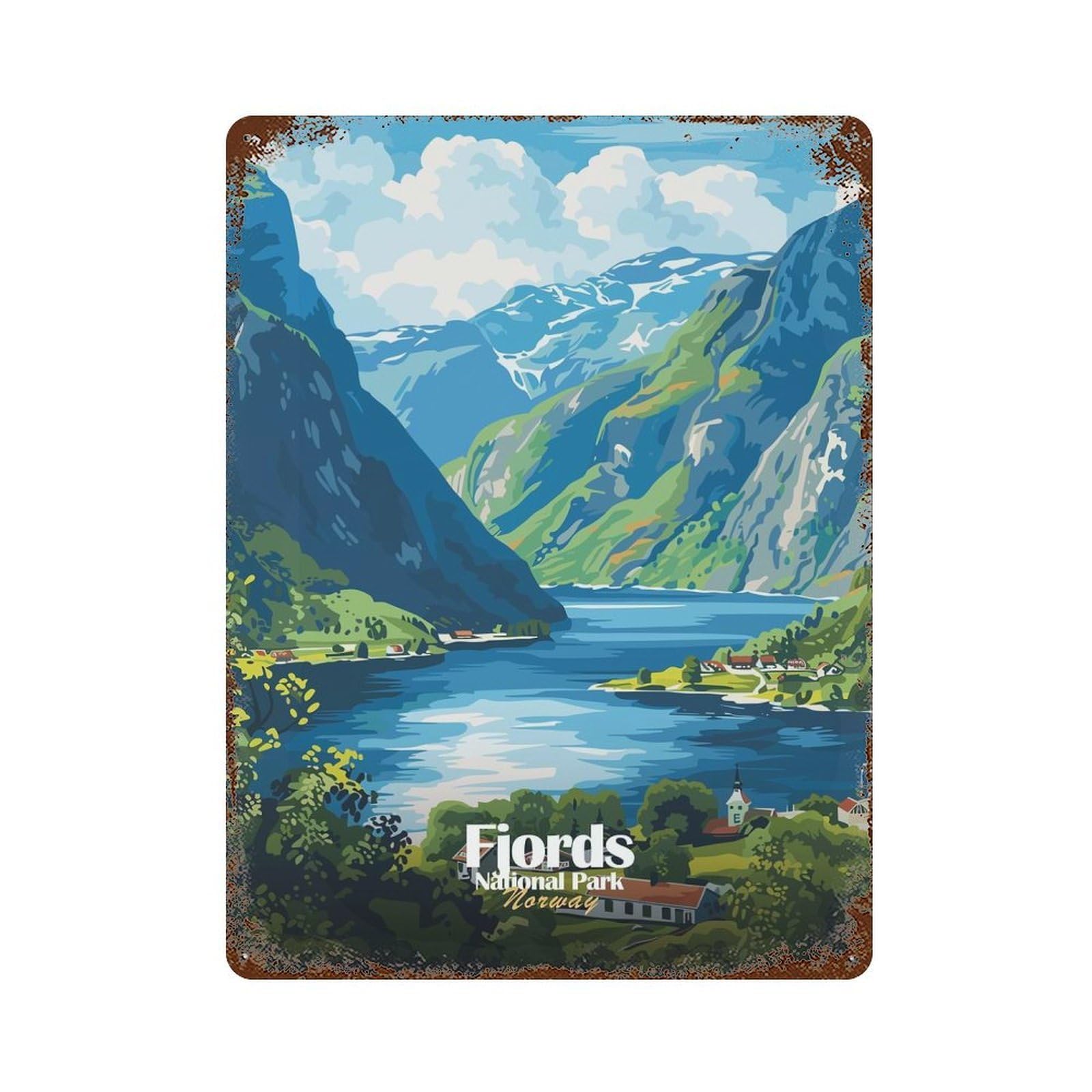 Decorative Tin Sign with Fjords National Park Norway Travel Design 15.7"x11.8", for Garage, Bar And Workshop Decor, Decorative Metal Wall Art