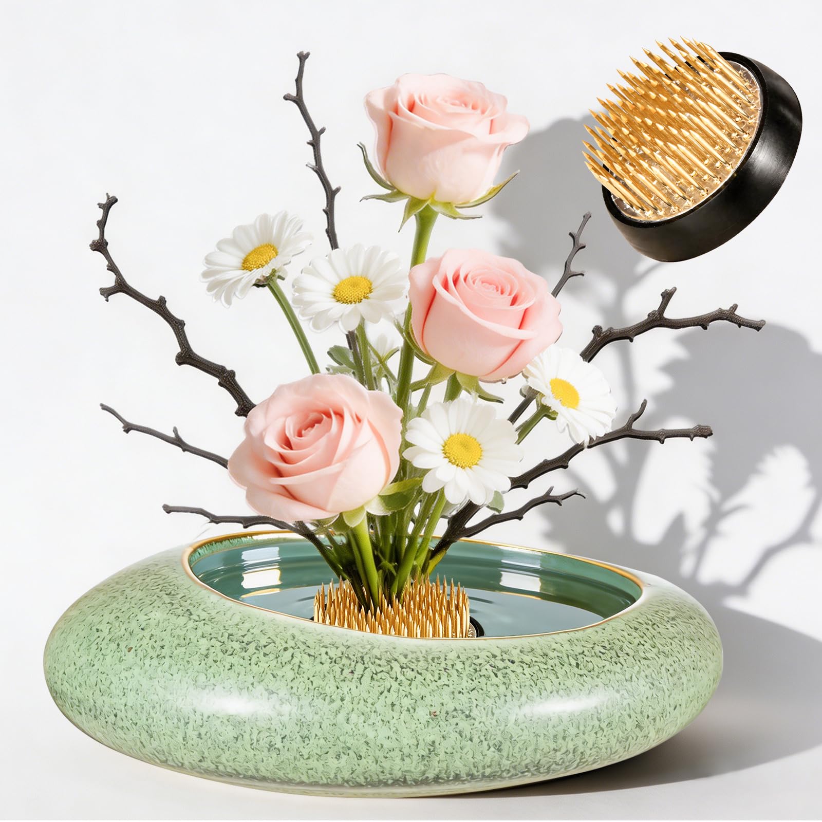 3-Pc Ikebana Flower Frog Kit, Ceramic Water Drop Pot with 2 Round Metal Kenzan Pin Holders, Floral Stem Holder for DIY Flower Arrangements Vases Centerpieces Bouquet