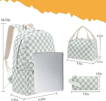 School Backpack for Girls Women, Water Resistant Laptop Backpack Kids Bookbag Casual Daypacks with Lunch Box Pencil Case (Green Checkered)