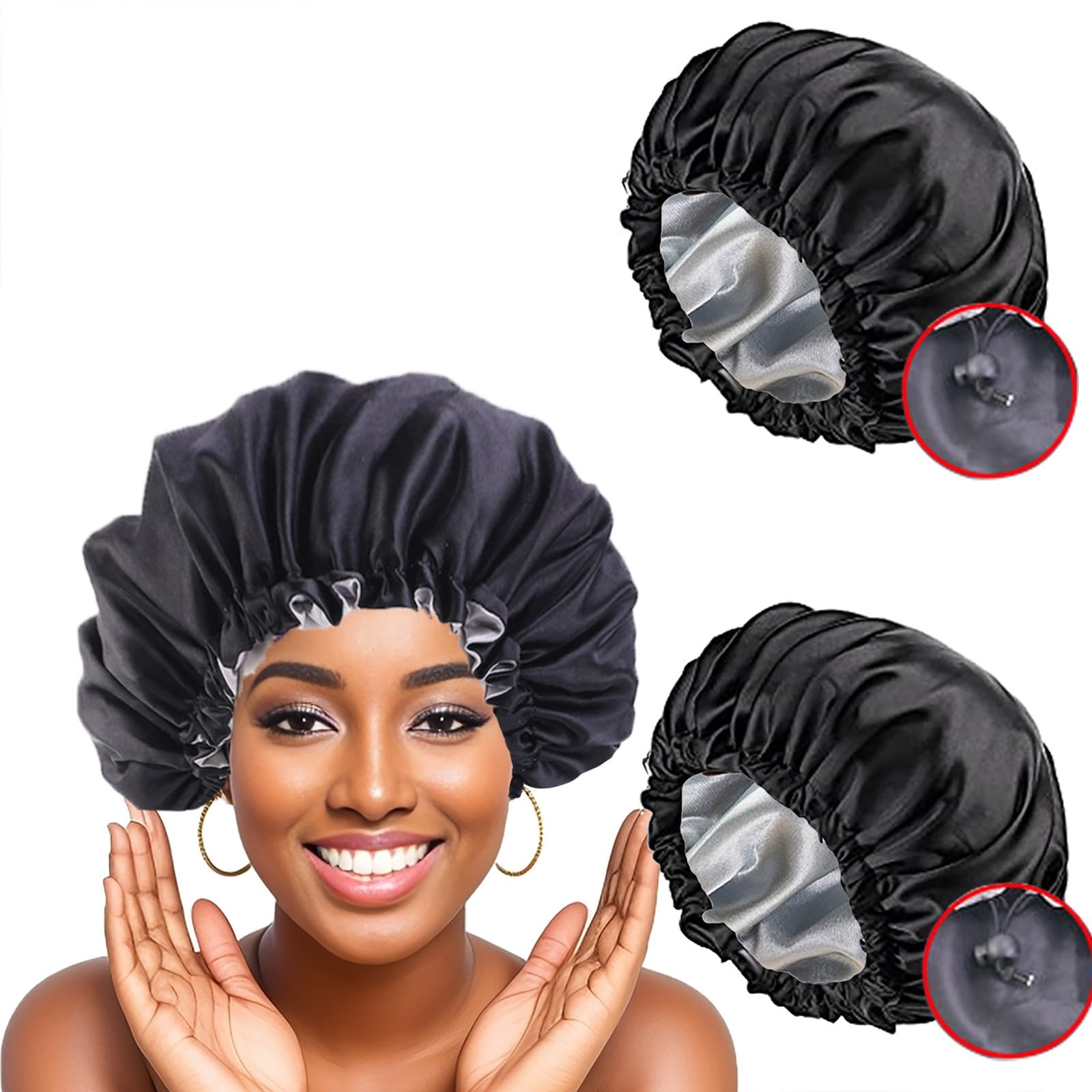 2 Pcs Satin Sleep Cap for Women Long Hair Silk Bonnet for Curly Hair bonnet for Sleeping Extra Large Double Layer Adjustable Satin Bonnet for Women
