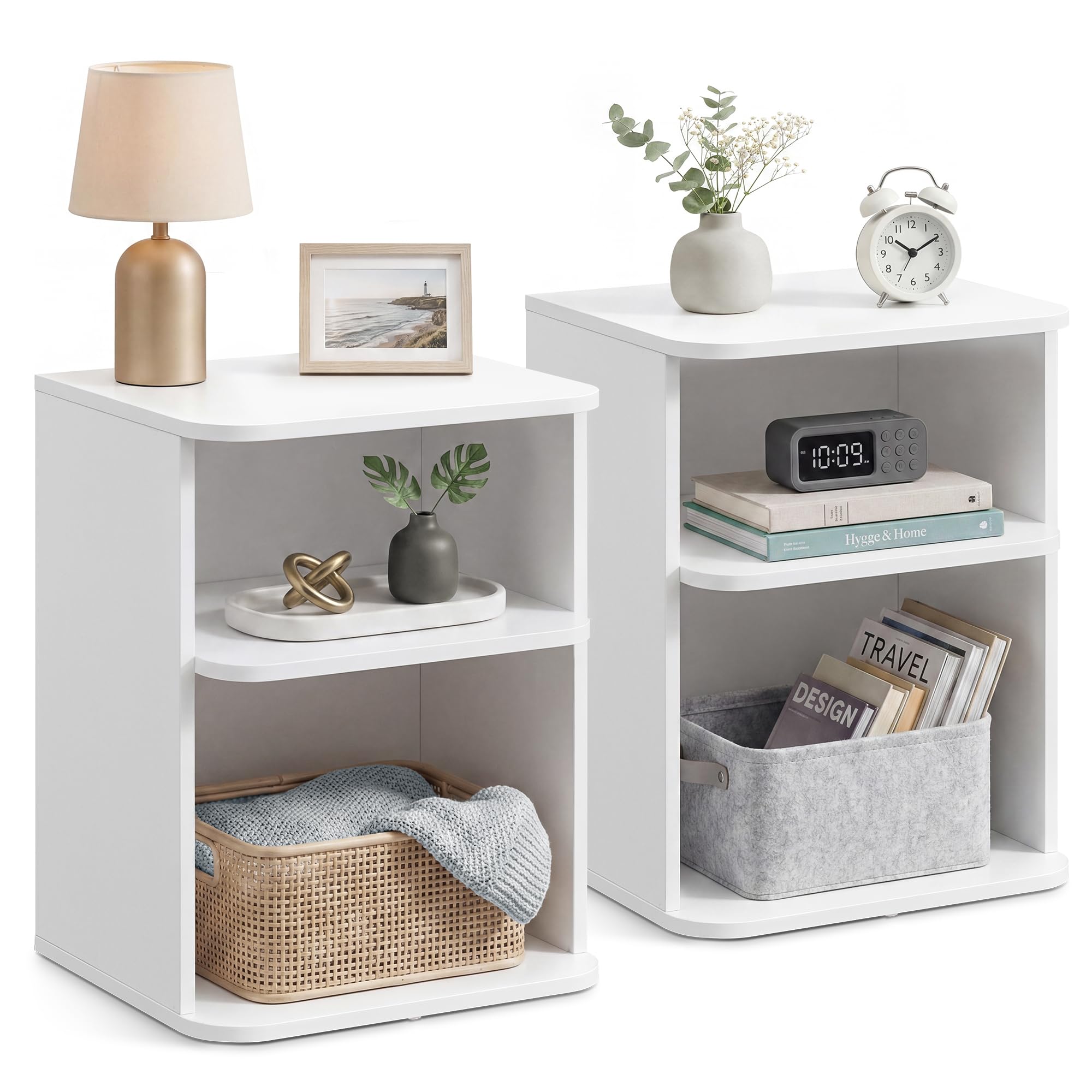 VASAGLE Bedside Tables Set of 2, Snapsemble Superfast Assembly, 3-Tier End Side Tables with Open Shelves, Low for Bedroom, Living Room, Small Spaces, 30 x 35 x 45 cm, Cloud White LET123WE01-2J
