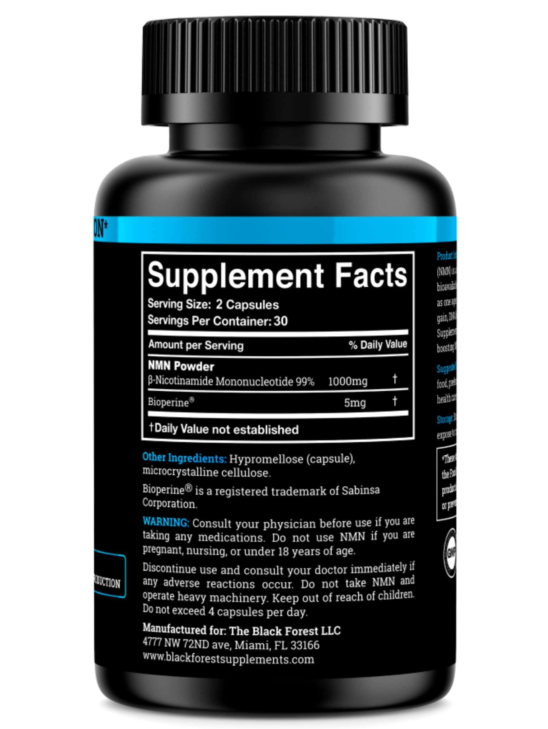 Black Forest NMN Supplements 1000mg (Nicotinamide Mononucleotide) 99% Pure, Stabilized Form, BioPerine® for Enhanced Bioavailability (60 Capsules) (NMN 1000mg per Serving) NAD Supplement for NAD — Amazon image 2