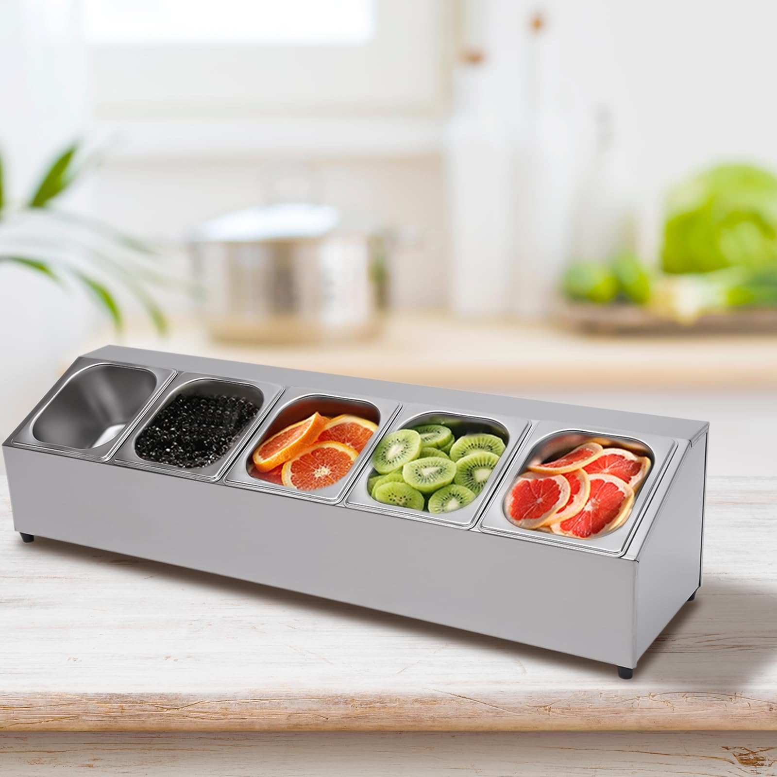 GN Aufsatzbord Mit 5 Behälter mit Deckel,Edelstahl Gastro Zutatenbehälter Spice Rack Regal 5-Lebensmittelbehältern