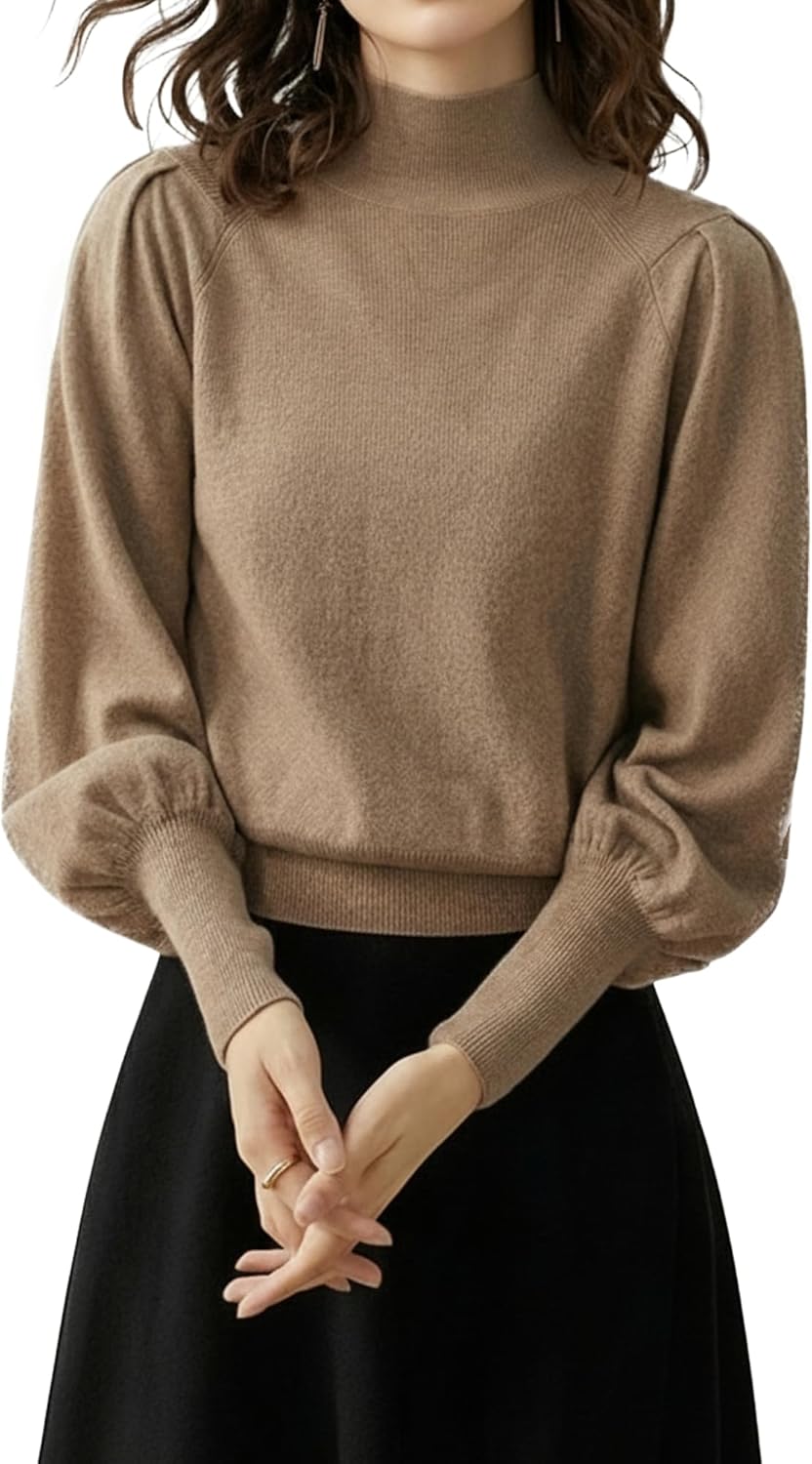 Women Fall Knit Blouson Blouse Mock Neck Basic Long Cuff Puff Sleeve Dressy Casual Loose Fit Top - Image 2