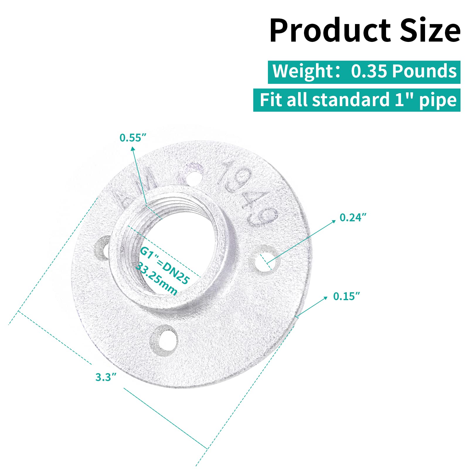 WiseWater Bridas de suelo galvanizadas de 1 pulgada, 4 piezas, accesorios de bridas de hierro maleable, bridas de tubería duraderas para proyectos de hogar, muebles, decoración de estanterías y
