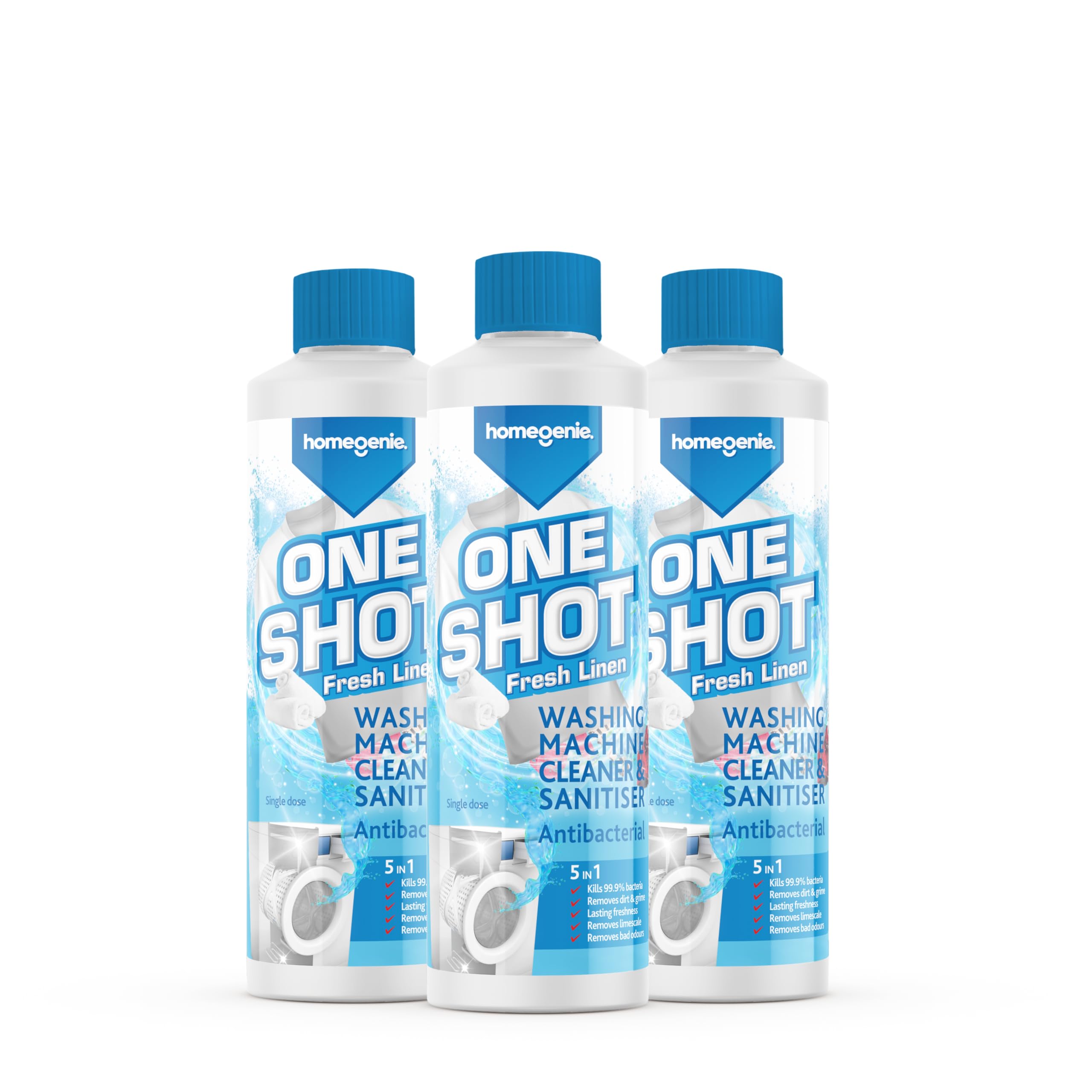 HomeGenie - Washing Machine Cleaner | Anti-bacterial Removes Limescale, Odours and Dirt | Fresh Linen Scent (3x 250ml)