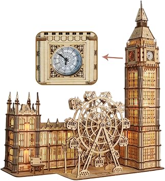Music Park 3D Puzzles Big Ben Real Clock With Night Light Wooden Model Kits for Adults To Build Ferris Wheel Craft Christmas And Birthday Gifts Home Decoration