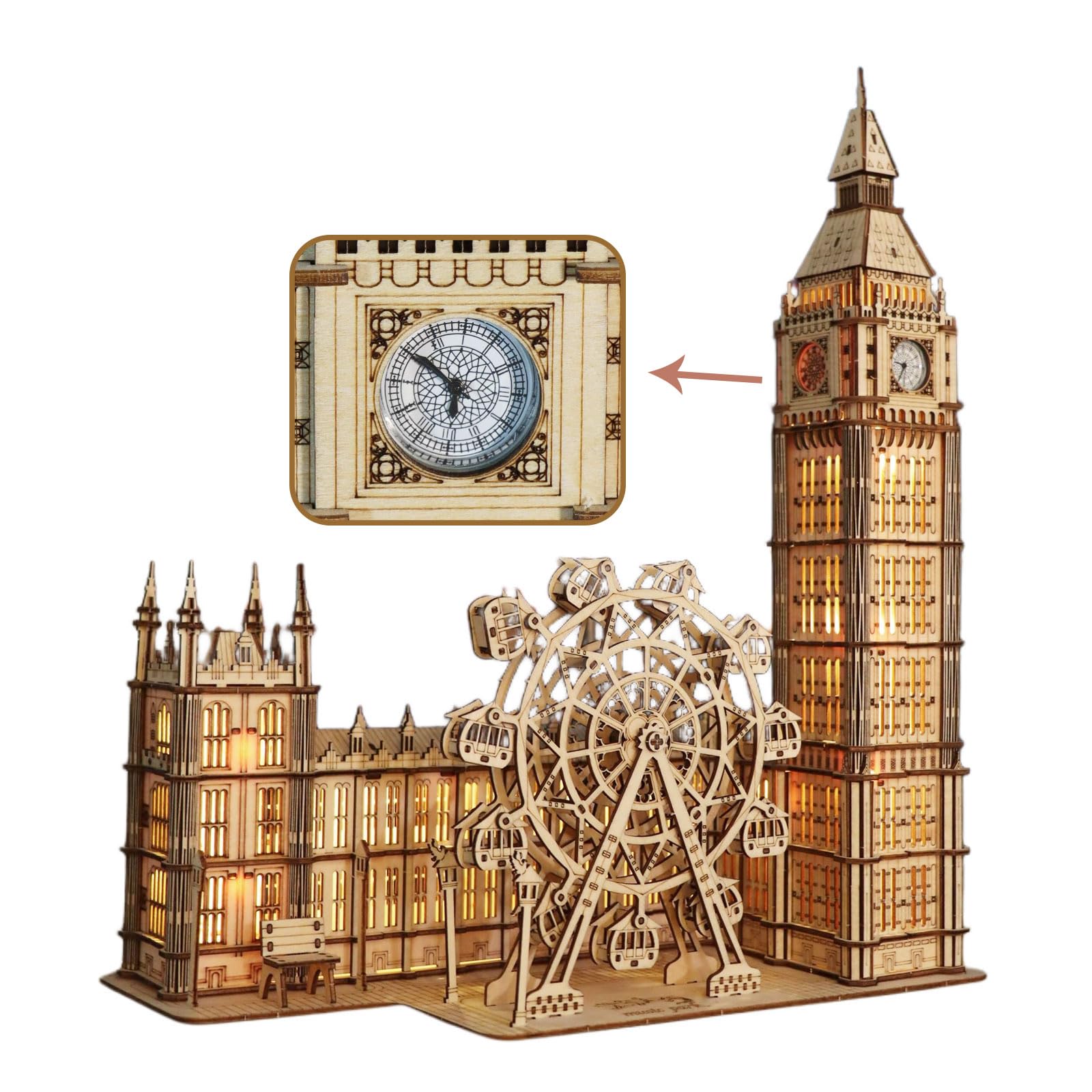 Big Ben 3D Wooden Puzzle for Adults LED Illuminated Model Kits with Working Clock Ferris Wheel DIY Craft Decor Gift for Christmas Birthday-image-10