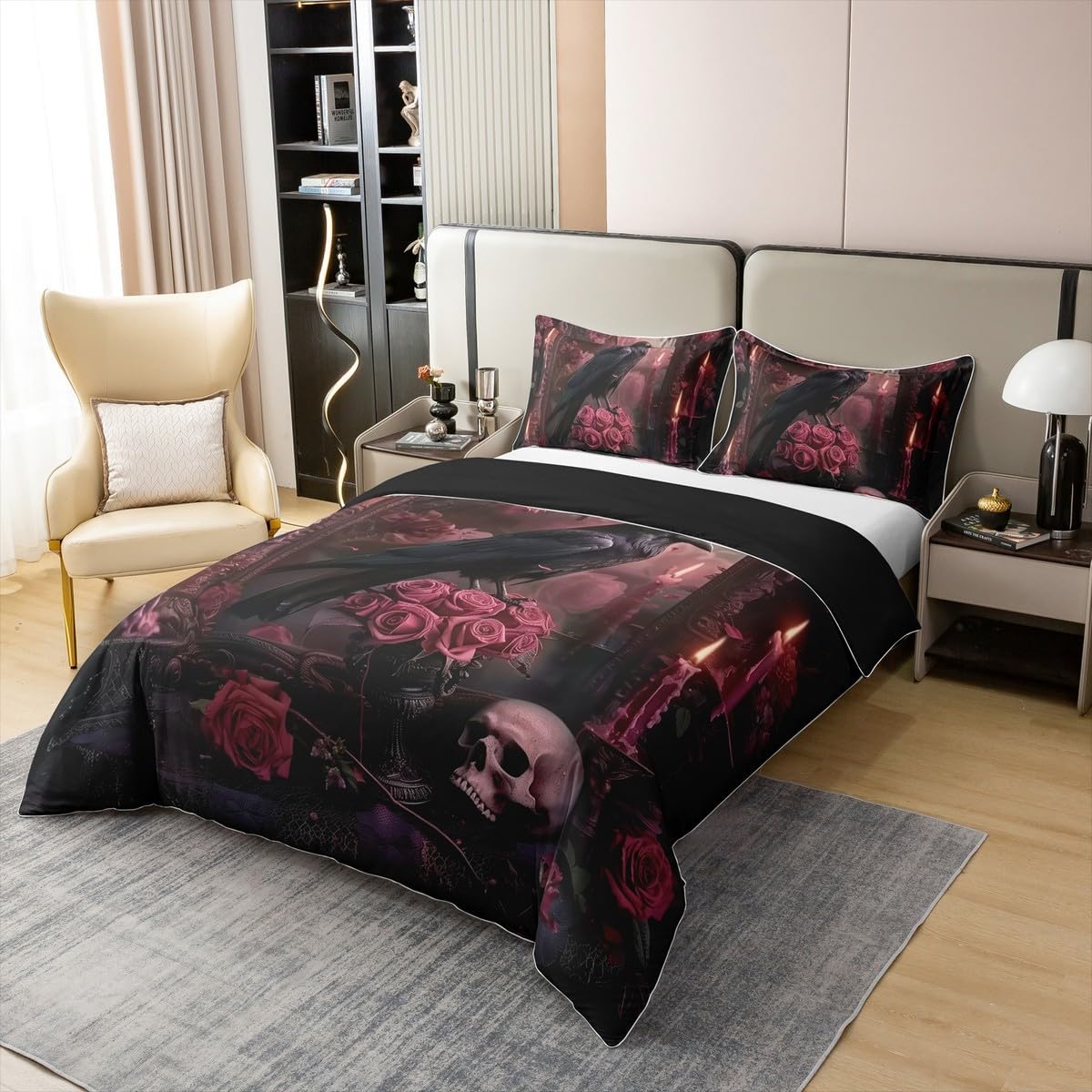 Erosebridal Halloween Bedding Set Queen Gothic Rose Raven 100% Cotton Duvet Cover Black Crow Bird Animal Comforter Cover for Adults Men Women Halloween Holiday Decor Skull Floral Bed Set 3 Pcs